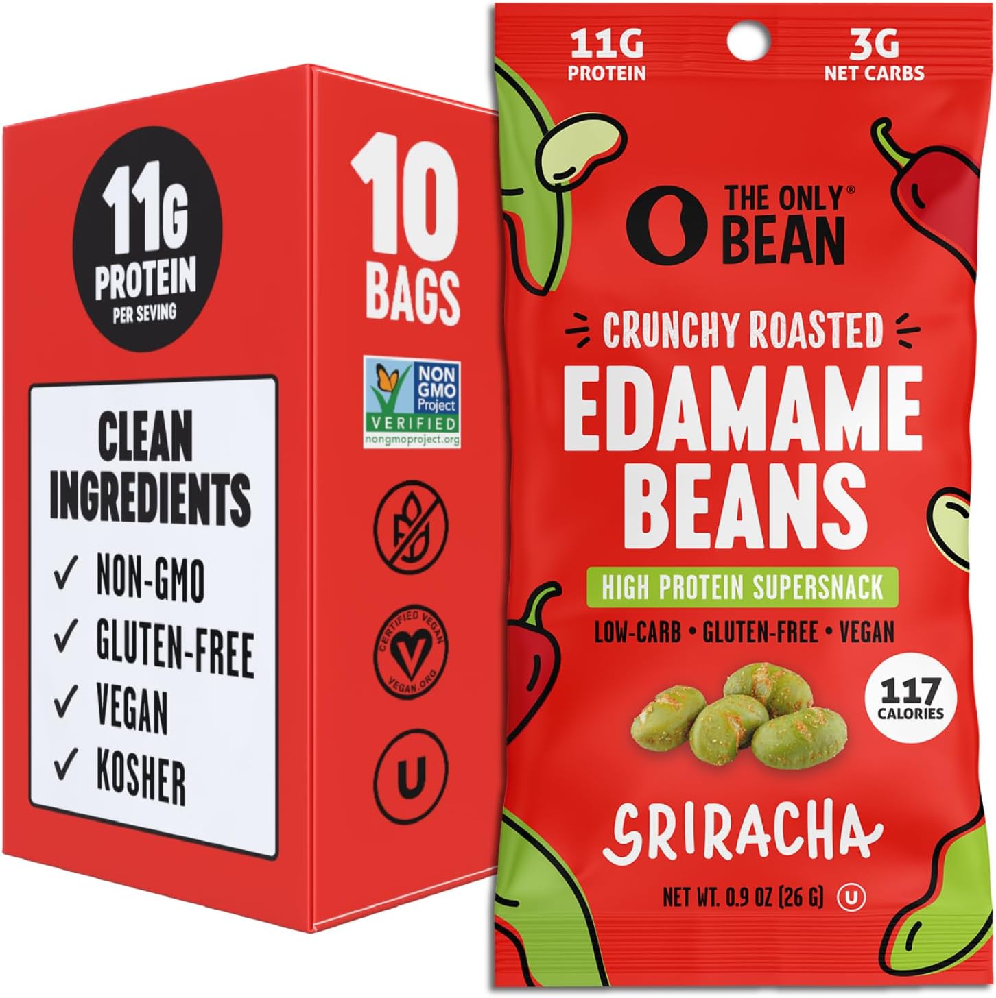The Only Bean Crunchy Roasted Edamame Snacks Pack (Sriracha), Protein Keto Food, Gluten Free, Asian Japanese Snacks, Hot Spicy Snack, 0.9oz 10 Pack