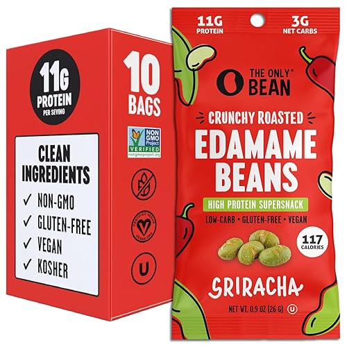 Vista 8 de The Only Bean Crunchy Dry Roasted Edamame Snacks (sal marina), Snack Food, High Protein (0.39 oz), Snack Asiático Japonés Sin gluten, Paquete de 100