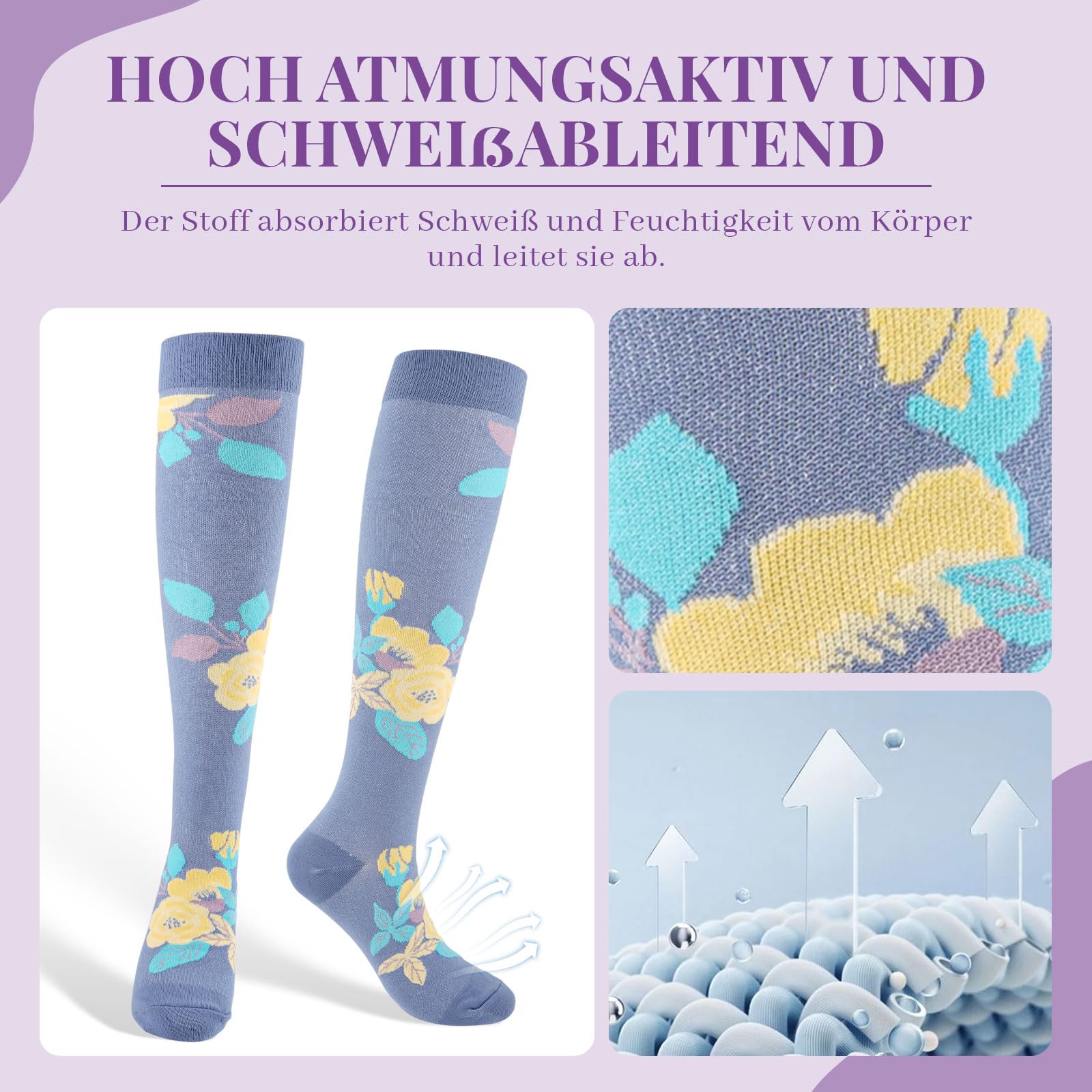 Kompressionsstrümpfe Damen Compression Socken Stützstrümpfe Kompressionssocken für Flug, Sport Laufen Reise Radsport Bunte 3 Paar
