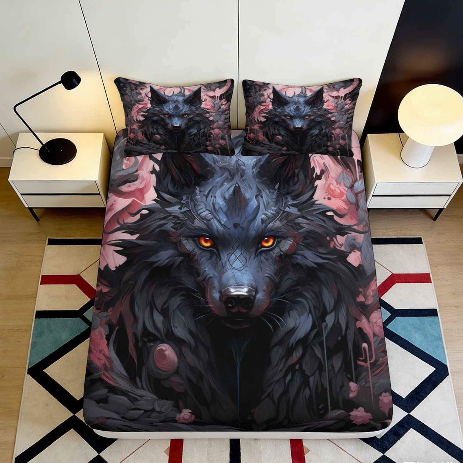 Jqzkxnhpbr Style-2 3D Printed Dark Wolf Fitted Sheet Microfiber Bedroom Decor Red Black Animal Mattress Cover For Home Dorm Guest Room 90X200x25cm