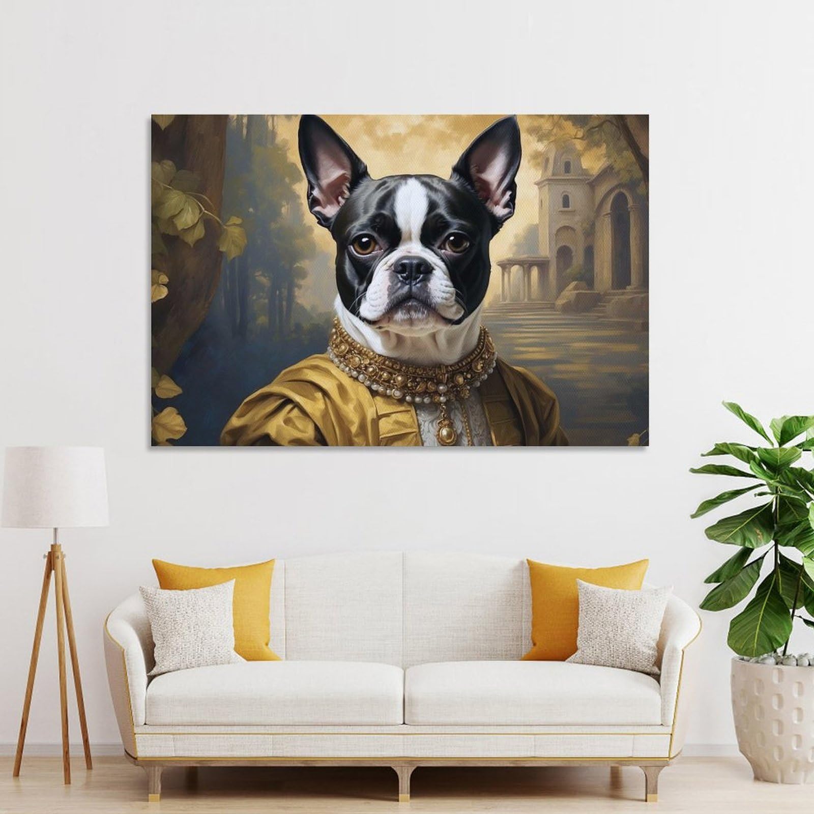 Junmoney Boston Terrier Portrait in Renaissance Style Canvas Art Print 20x30inch(50x75cm), for Gallery Wall Layouts in Home Or Office, Decorative Artwork with Flexible Styling