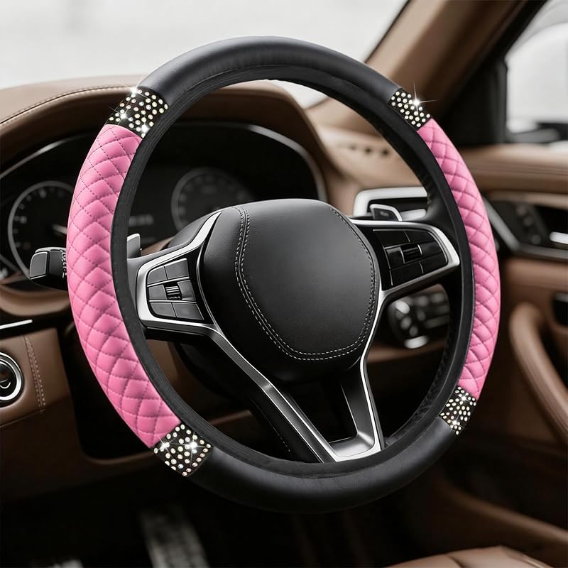 Capa para Volante em Couro PU com Strass Rosa Lxsloet, Diâmetro de 38,1 cm (15 pol.)