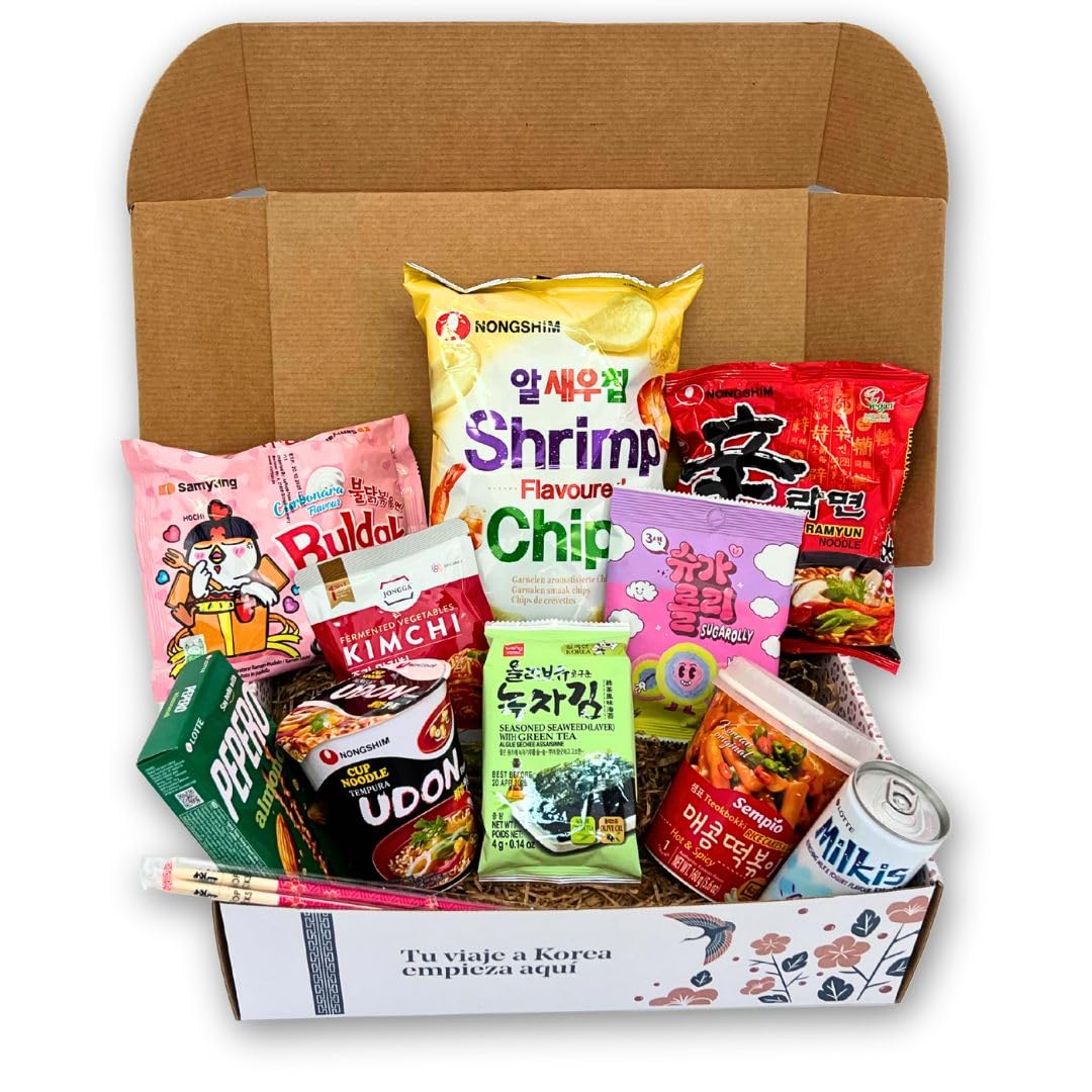 Korean Market | Caja Sorpresa de Comida Coreana (Starter Edition) | Para 1 o 2 Personas | Snacks, Ramen, Kimchi, Tteokbokki, Algas, Dulces y Palillos