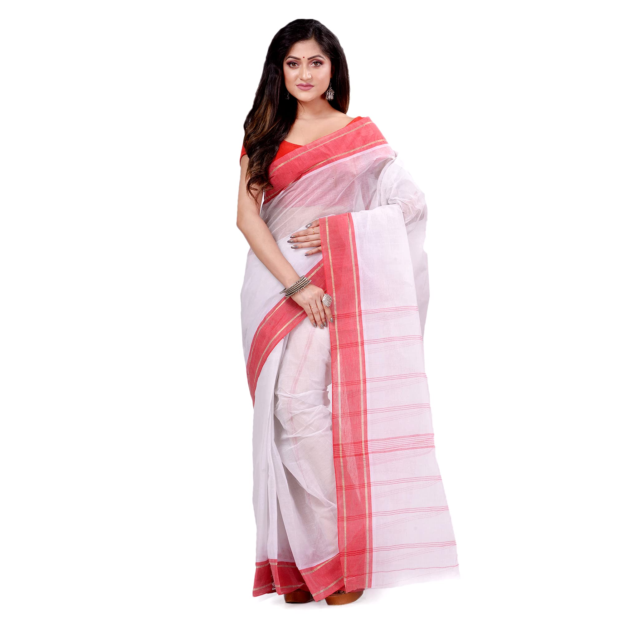 dB DESH BIDESHWomen`s Bengal Tant Aradhana Design Pure Handloom Cotton Saree Without Blouse Piece