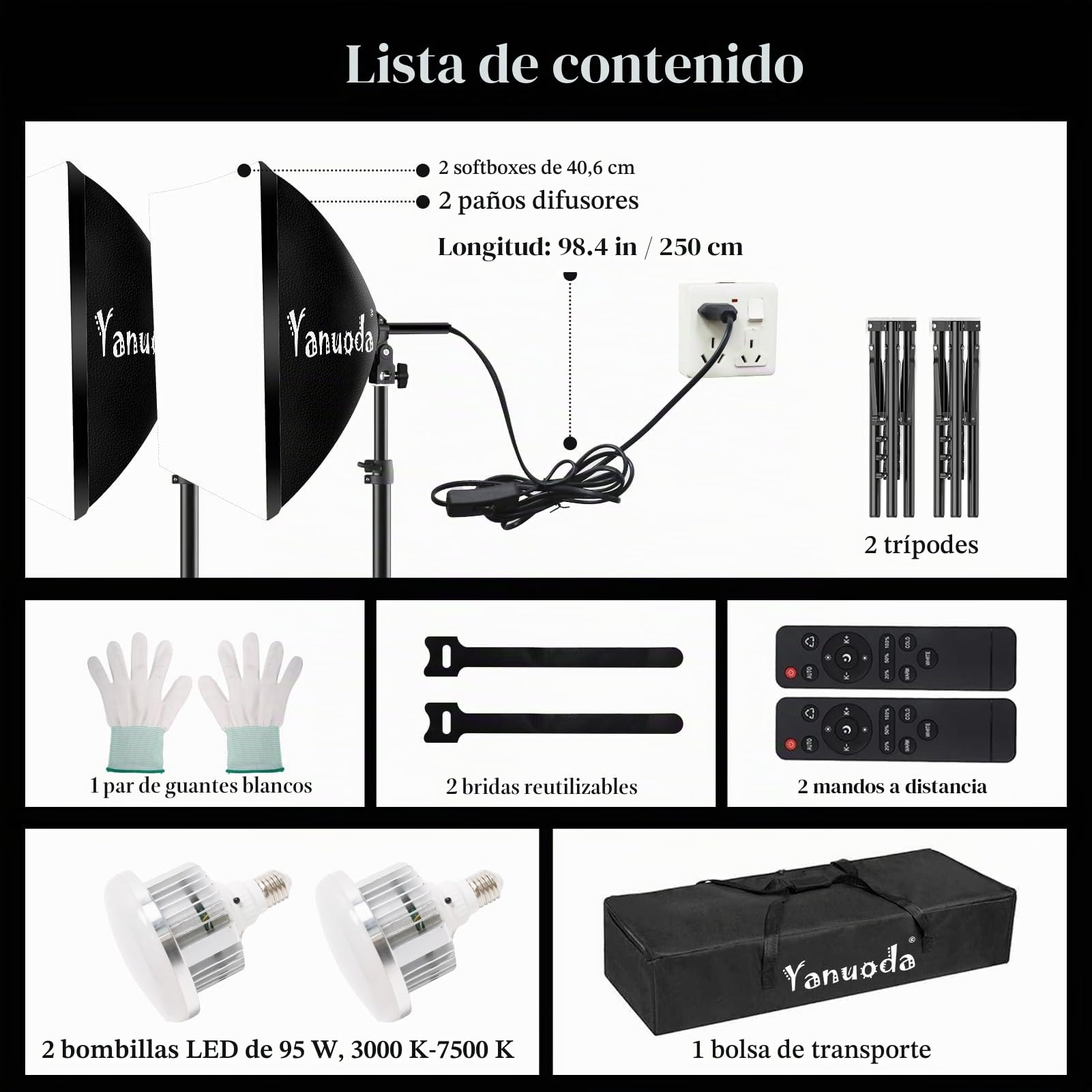 Kit de Iluminación Profesional Softbox 40 x 40 cm (2 Unidades) - Luces LED de Estudio 7500K / 5500K / 3000K, 95W E27, Brilló Ajustable, CRI97 - con 2 Trípodes, Difusores, Control Remoto y Bolsa