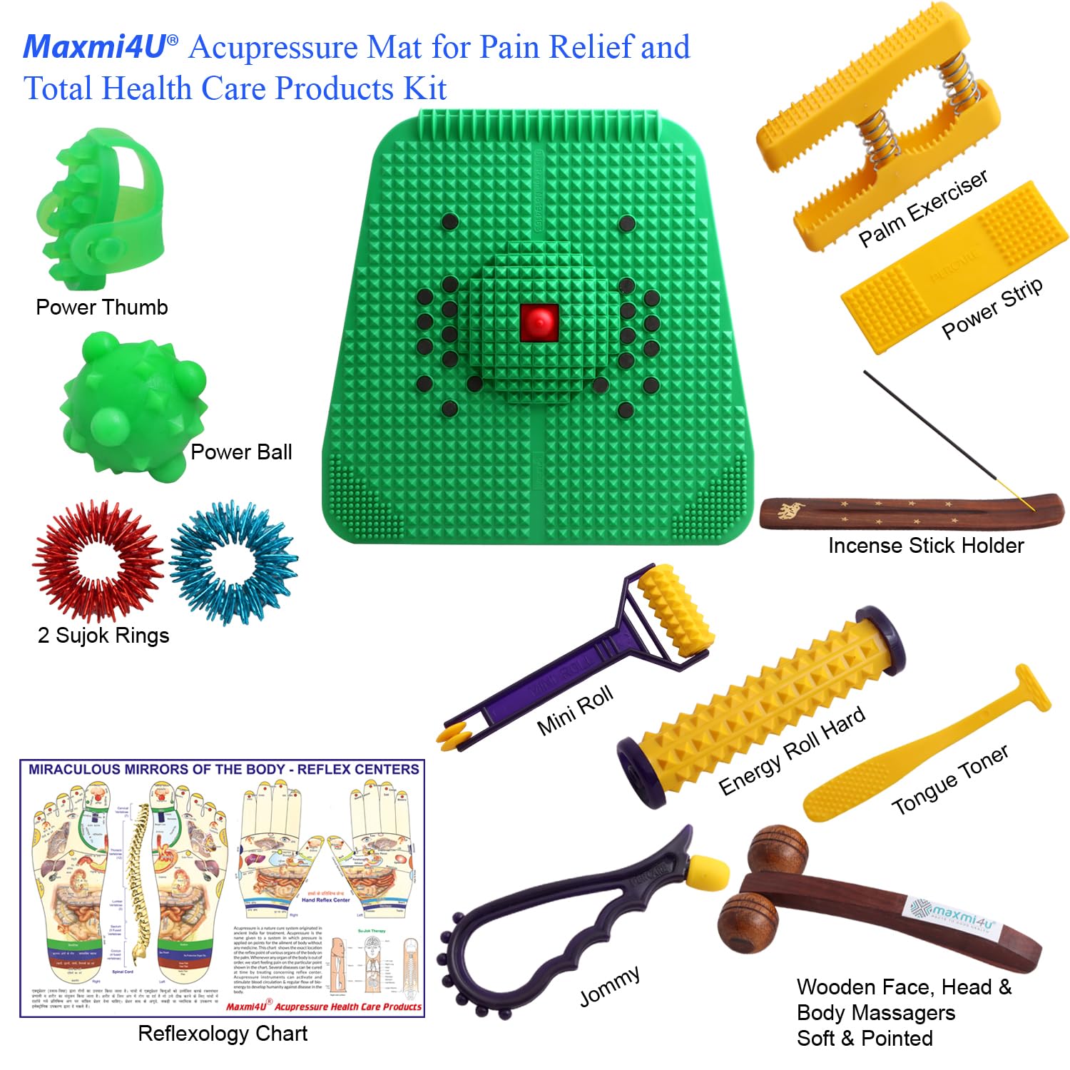 Maxmi4U Acupressure Mat/Powermat 2000 with Pyramids, Magnets and Thai Foot Massage Stick and Total Health Care Acupressure Products (Green) Maxmi4U Acupressure Mat/Powermat 2000 with Pyramids, Magnets and Thai Foot Massage Stick and Total Health Care Acupressure Products (Green)