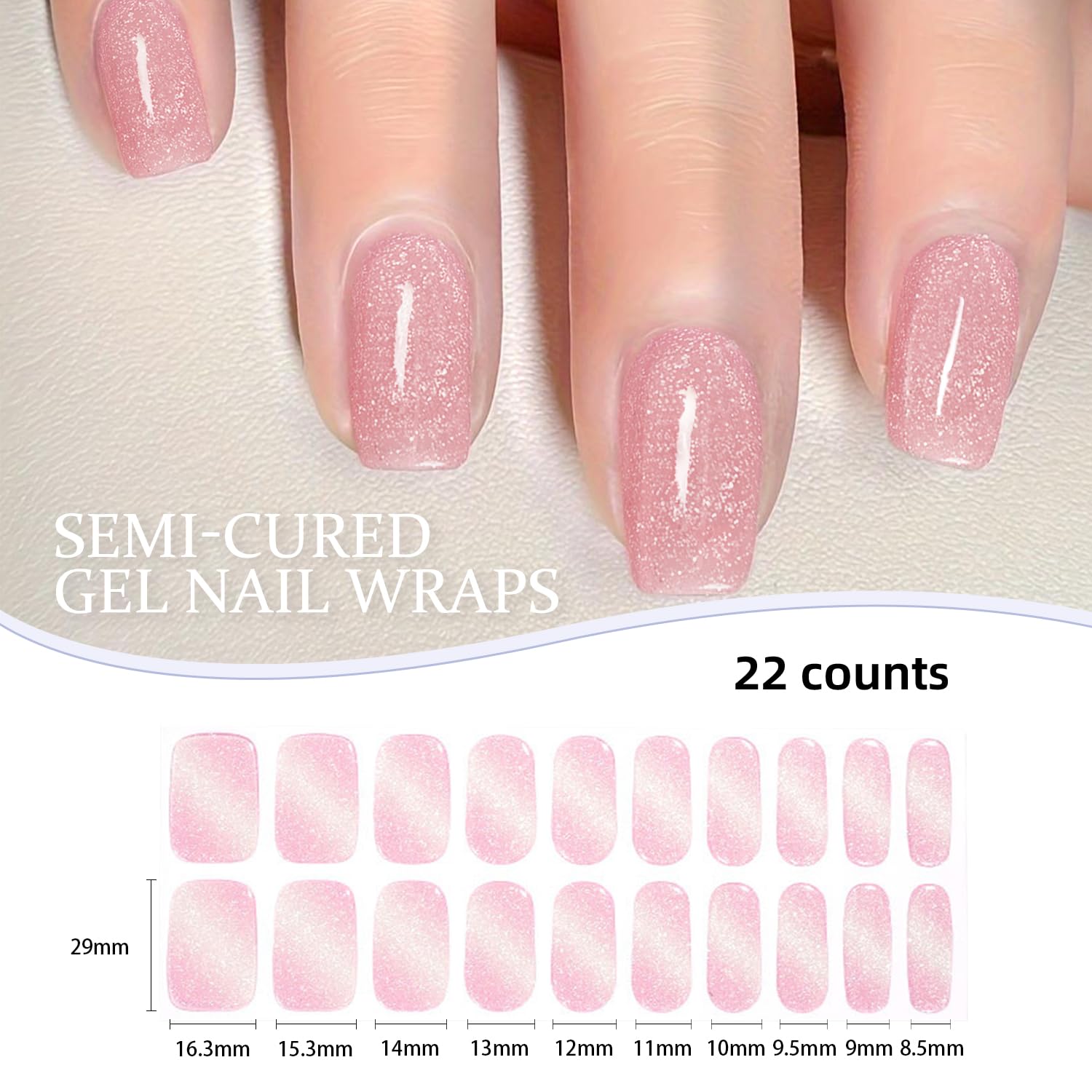 22Pcs Pink Glitter Semi Cured Gel Nail Strips, UV Gel Nail Stickers for Salon-Quality Finish - Image 2