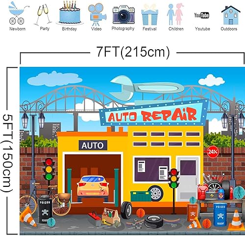 Miniatura 2 de Fondo de dibujos animados para taller de reparación de automóviles, mantenimiento de garaje, tienda de conveniencia, fondo de fotografía para niños,
