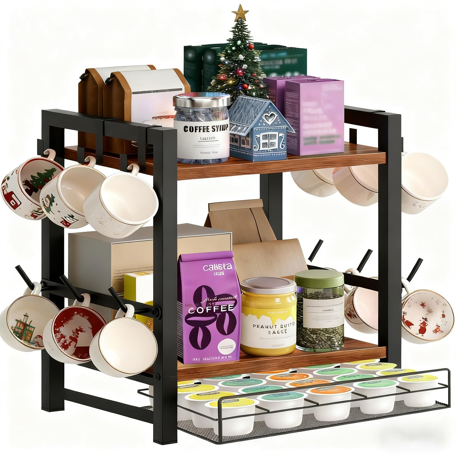 BeGyoku Coffee Bar Organizer,3 Tier K Cup Holder for Counter,Coffee Pod Drawer Holder with 12 Mug Hooks,K Cup Drawer Organizer for Syrup,Tea,Bean,Coffe Bar Accessories for Kitchen&amp;Home Office