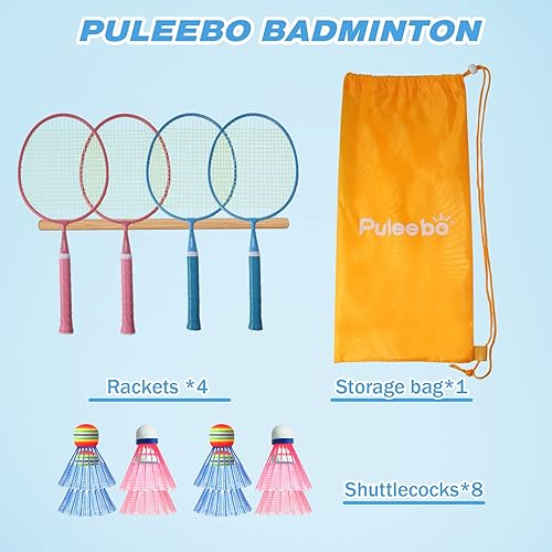 Miniatura 2 de PULEEBO Raqueta de bádminton para niños, juguetes deportivos de raqueta al aire libre para niños con volantes, juego de bádminton para niños y