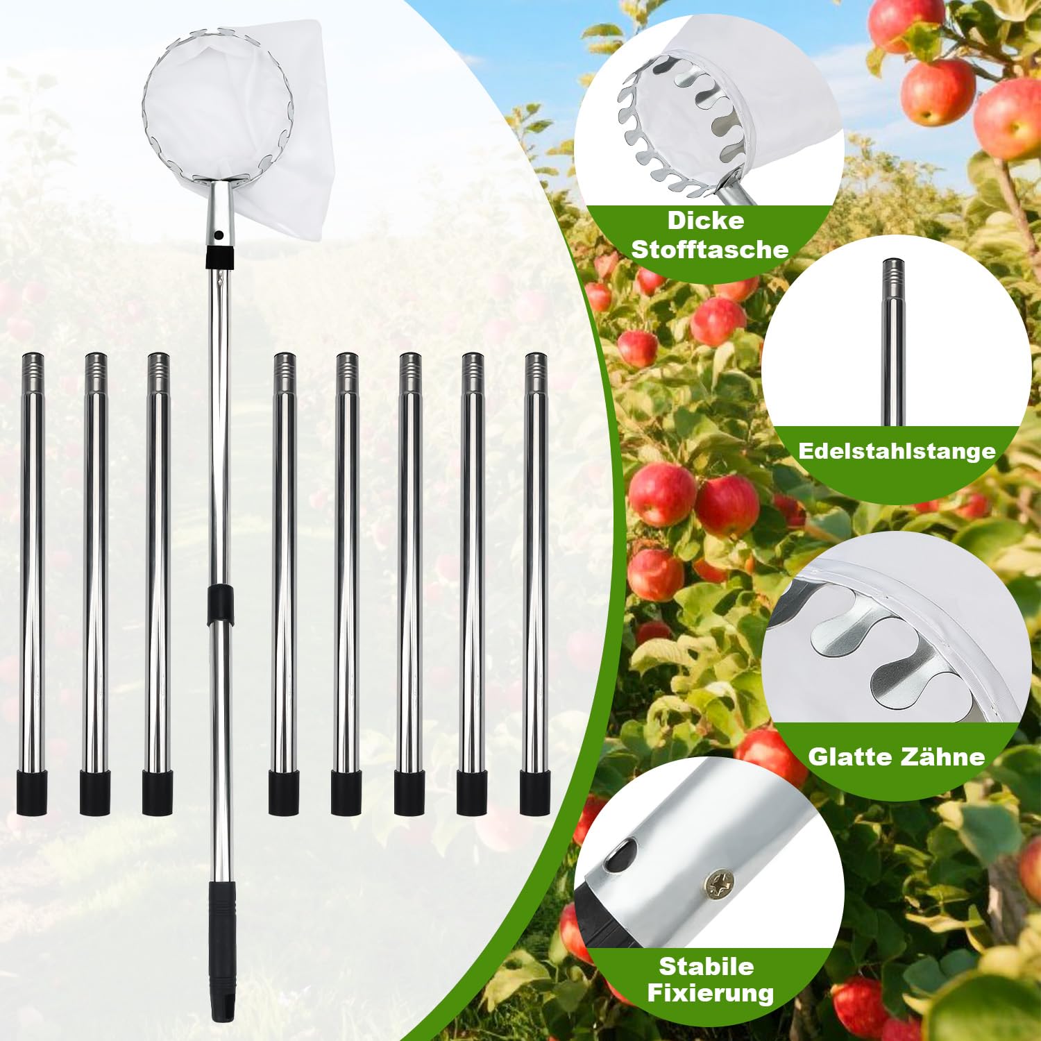 4.2M Obstpflücker mit Teleskopstiel, Apfelpflücker, Kirschenpflücker für Kirschen, Pflaumenpflücker mit 2 Baumwollbeutel Diameter 16 cm, Obstpflücker für Ernteernte Apfel Zitrus Birnen