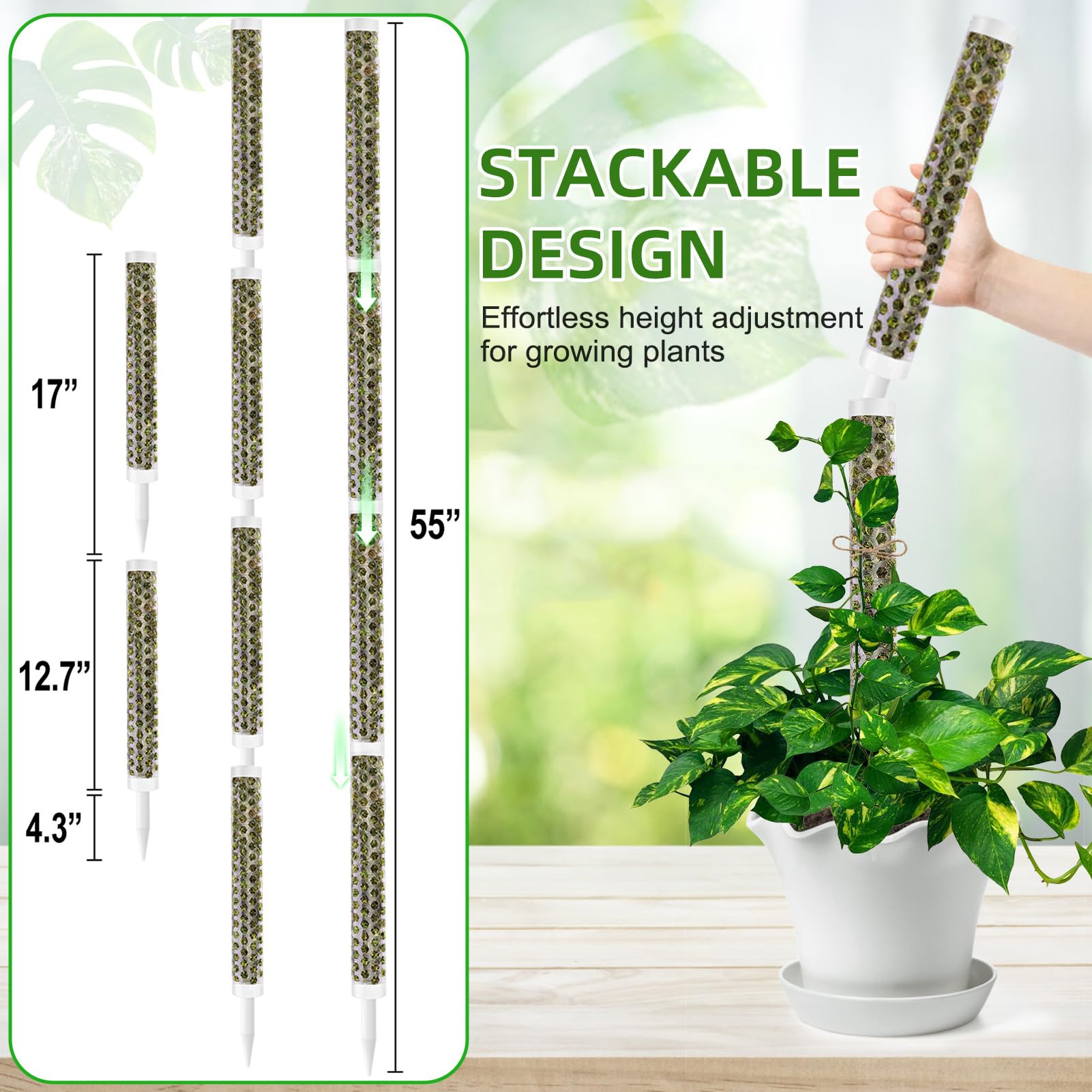 Fabulas Monstera Lot de 4 piquets de support pour plantes grimpantes d'intérieur de 139,2 cm, bâtons de mousse de sphaigne empilables pour pots de jardin, pothos, philodendron