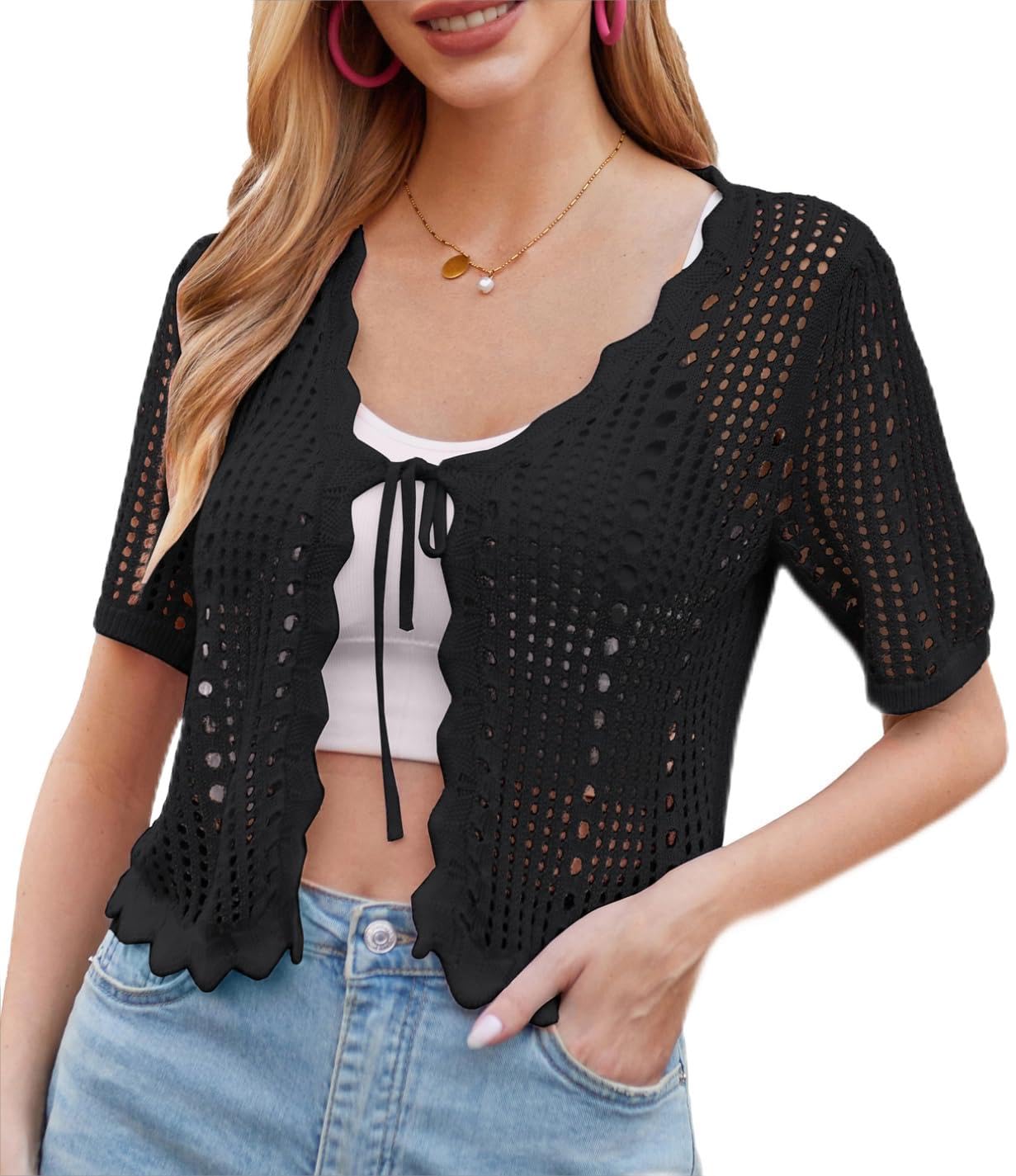 Kate Kasin Bolero Damen Lässiger Sommer Kurze Strickjacke Crochet Cardigan | V-Ausschnitt,Kurzarm,Bindeband vorne,Wellensaum,Ajourstrick,Elastisch,Textur,Strand&Urlaub&Reisen