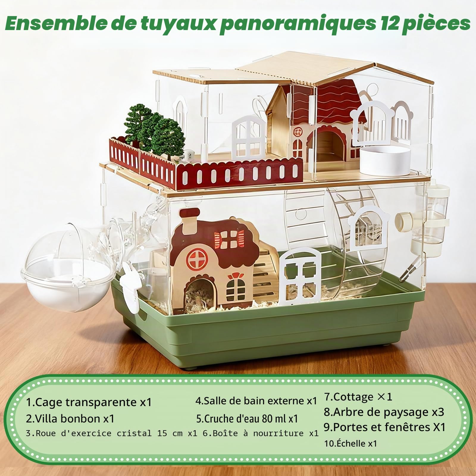Cage pour hamster 12 en 1 en acrylique design jardin 35 × 26 × 37 cm – Transparente, à plusieurs étages, avec villa en bois, roue, tunnel, gourde, bain et accessoires de jeu (2 niveaux)
