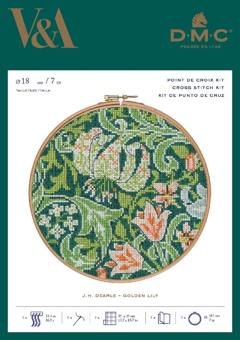 Stitch Kit Golden Lily - J.H. Dearle, Includes No. 25 Embroidery Thread, Embroidery Needle, Embroidered (Aida · White 14 Count) and Instructions