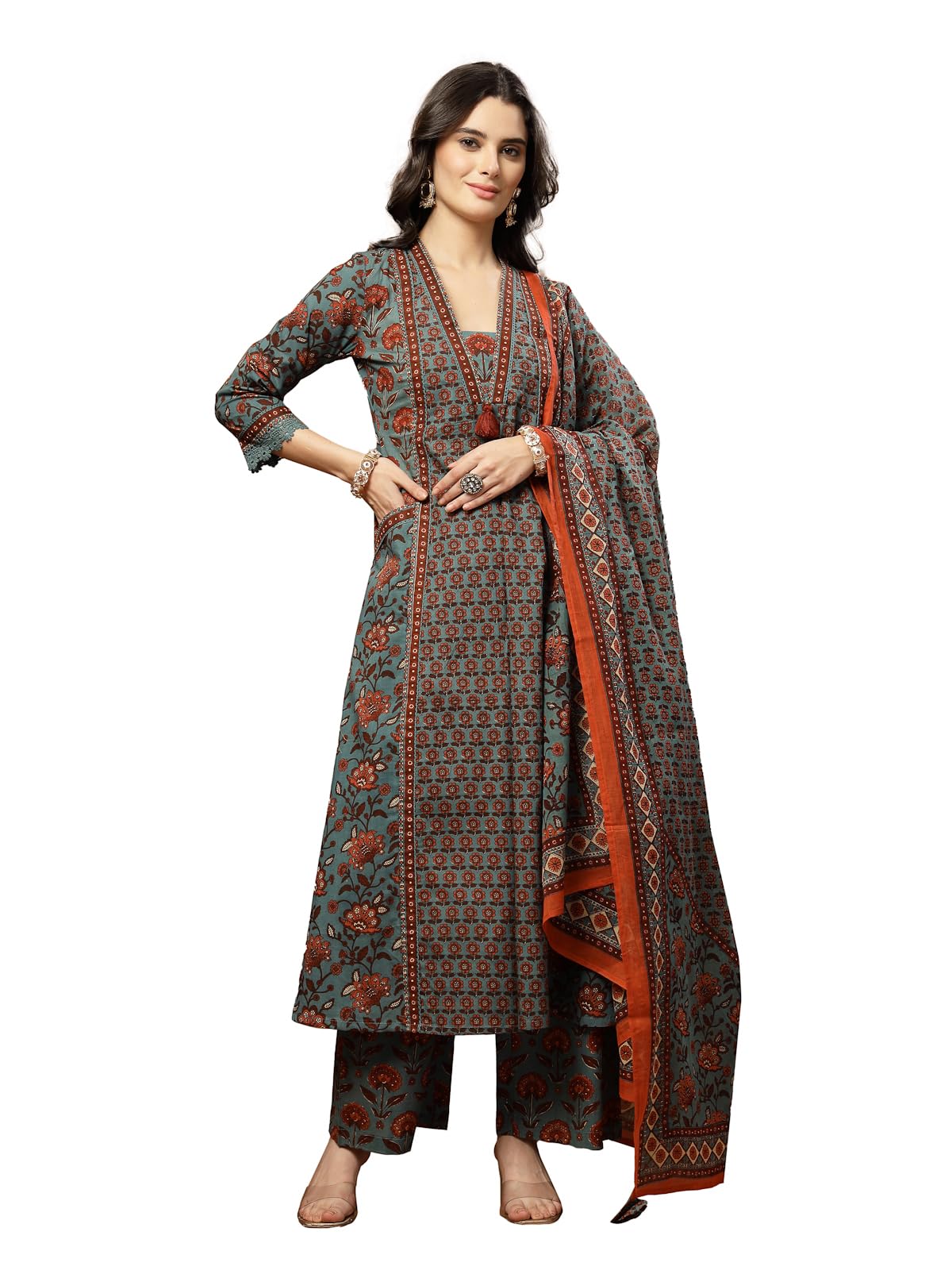kimayra Women's Cotton Calf Length Printed Flared Kurta Suit Set,-picture-13