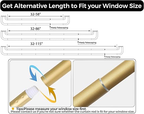 Miniatura 7 de USFOOK Barras de cortina dobles doradas, opacas para ventanas de 32 a 58 pulgadas, barra de cortina de oscurecimiento de habitación de 68 pulgadas