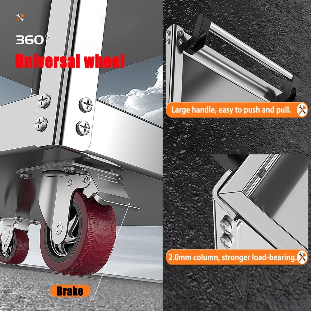 Carrello a 3 ripiani in acciaio inox, capacità 300 kg, vassoio grande e ruote bloccabili, ideale per cucina, officina, magazzino