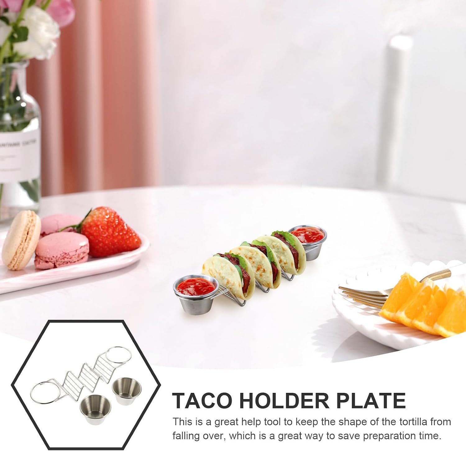 Stainless Steel Taco Holder Rack with Sauce Cups for Table Serving