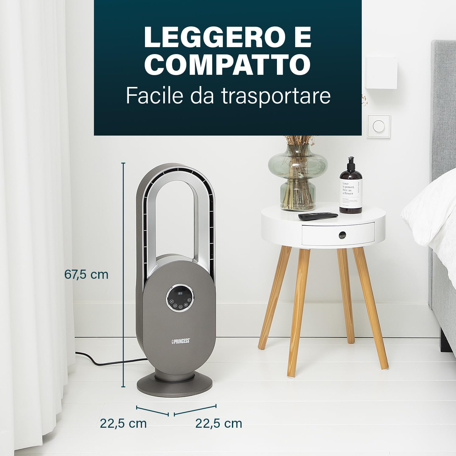 Princess Ventilatore senza pale - Sicuro, silenzioso ed efficiente - 3 velocità e 3 modalità - Timer - Telecomando incluso