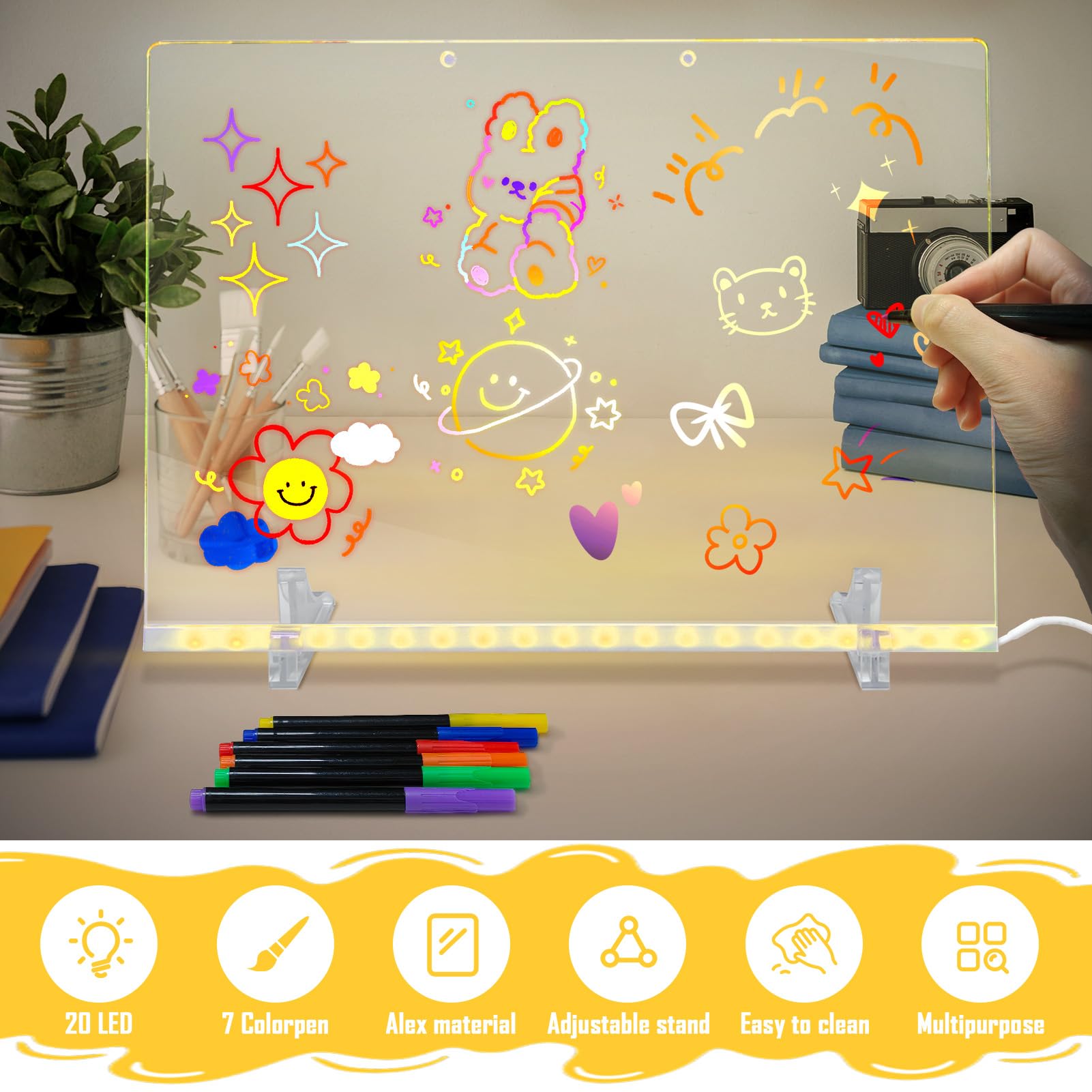 Pizarra LED Transparente 35x25 Acrílico con Lápiz 7 Colores Soporte Ajustable Luminosa Lavable