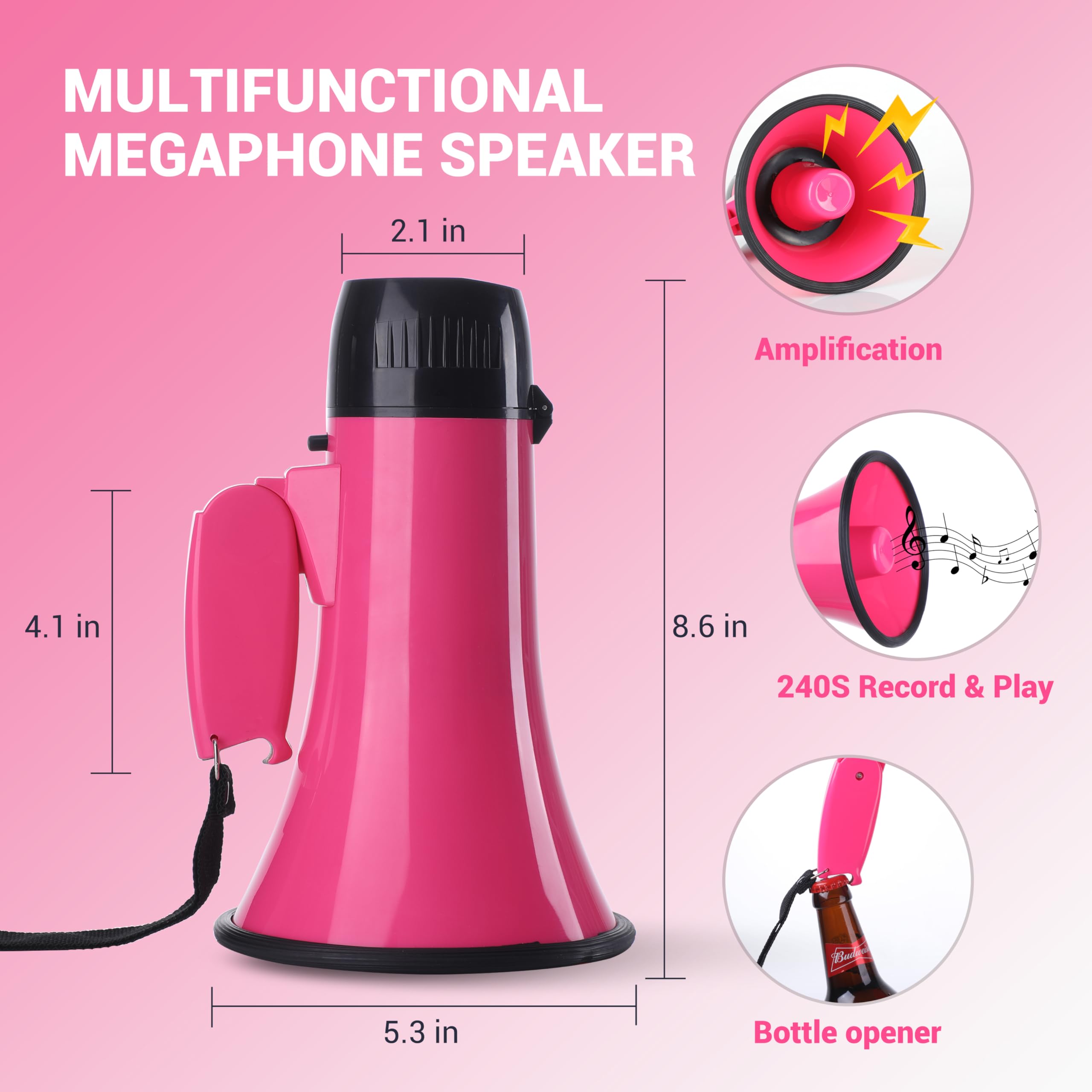 Mégaphone avec haut-parleur microphone sirène et 240 secondes Bullhorn d'enregistrement comprend un contrôle du volume pour les événements en plein air et la gestion de la foule