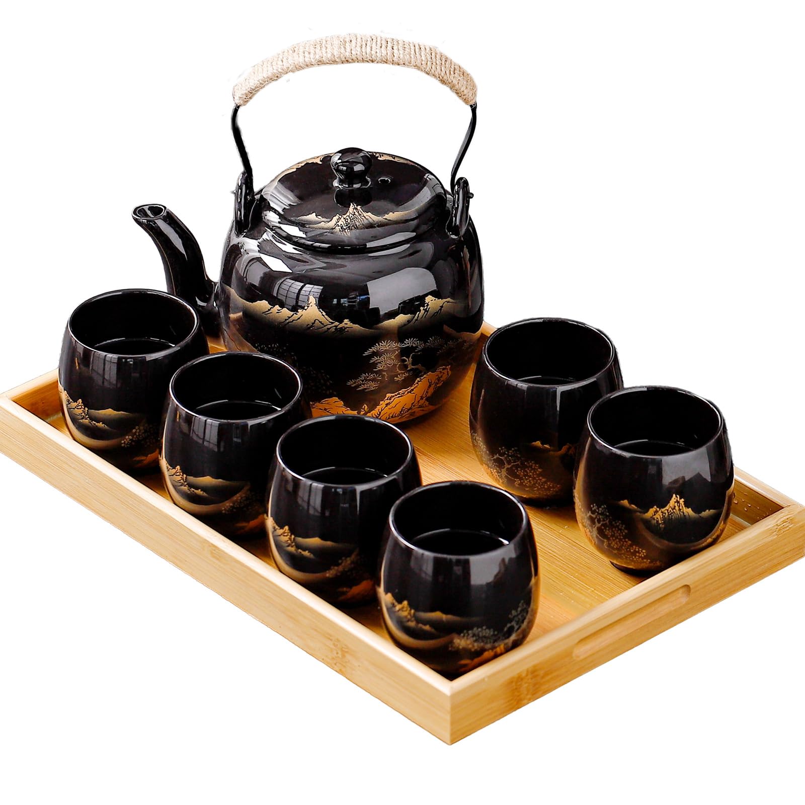 Set da tè tradizionale giapponese, set di teiera giapponese, set da tè asiatico nero smaltato con 1 teiera, 6 tazze da tè, 1 colino da tè, 1 vassoio da tè (nero paesaggistico orizzontale)