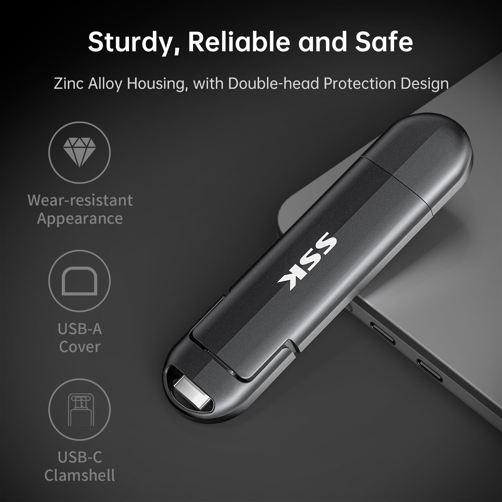 SSK Unità USB da 256 GB, SSD esterna veloce 550 MB/s 2 in 1 Dual-Drive Tipo C + A USB3.2 Gen2 ThumbDrive SSD a stato solido per iPhone 15/16/17/PS4/Android Phone/Tablet/Windows/Mac