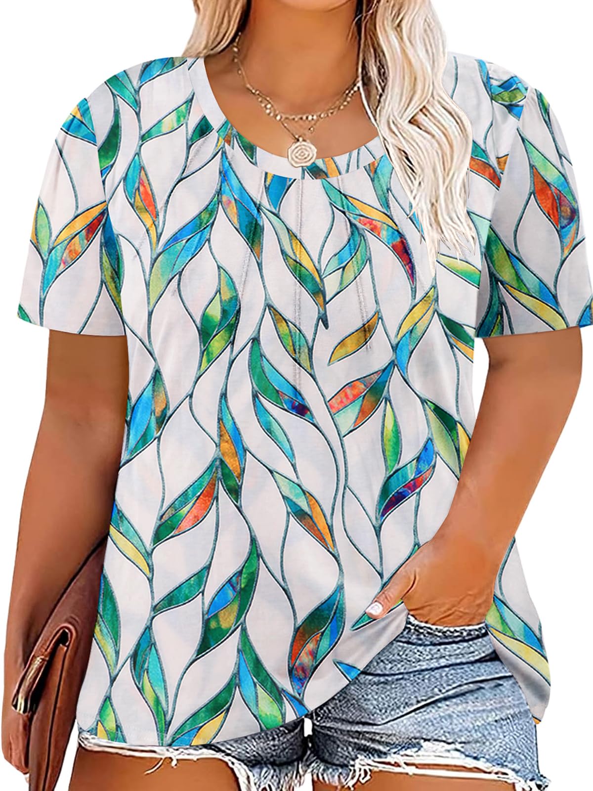 Bellcoco Plus Size T Shirts for Womens Summer Lace Short Sleeve Pleated Tops Ladies Loose Fit Casual Tee Blouse(1XL-5XL)