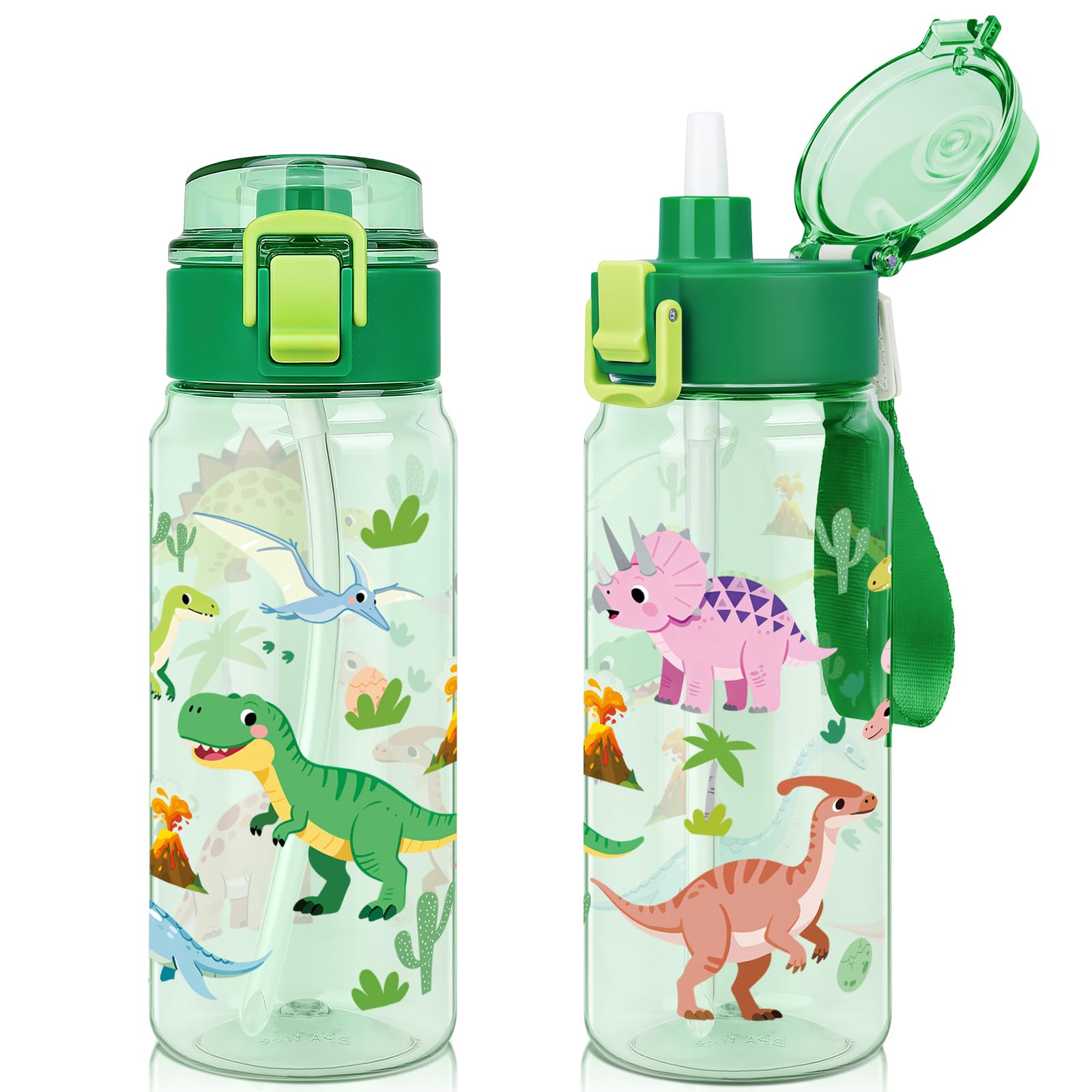 wooshwa Tritan Kids Water Bottle for School, 550ml Leakproof 2-in-1 Toddler Water Bottle with a Pop-up Detachbale Straw, Dishwasher Safe (Dinosaur)