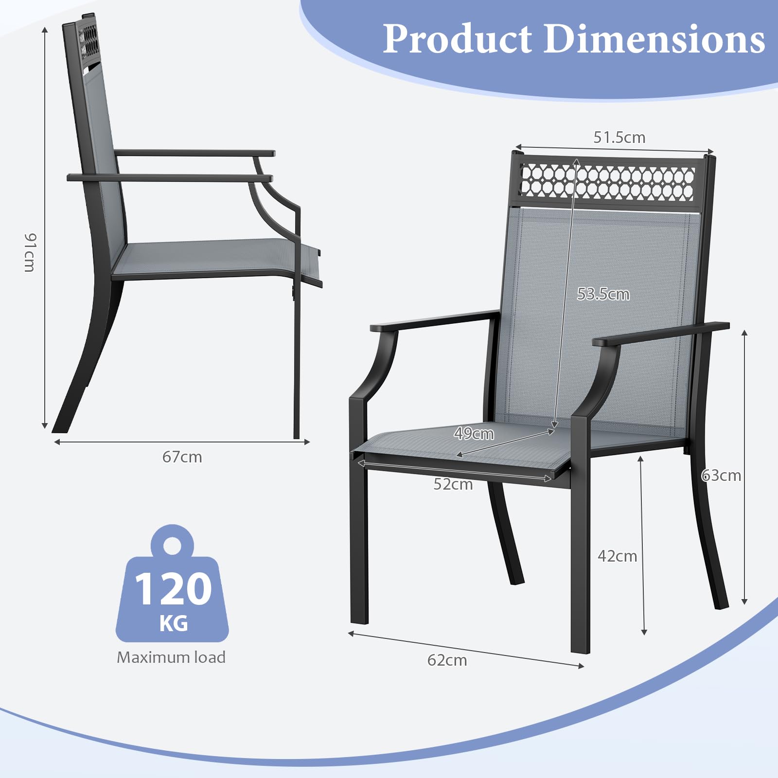 LIFERUN Juego de 4pcs sillas de jardín, Asiento Ancho con Tela Teslin, Transpirable, de Secado rápido, hasta 120 kg, para jardín, terraza, balcón, Zona de Piscina (Gris)