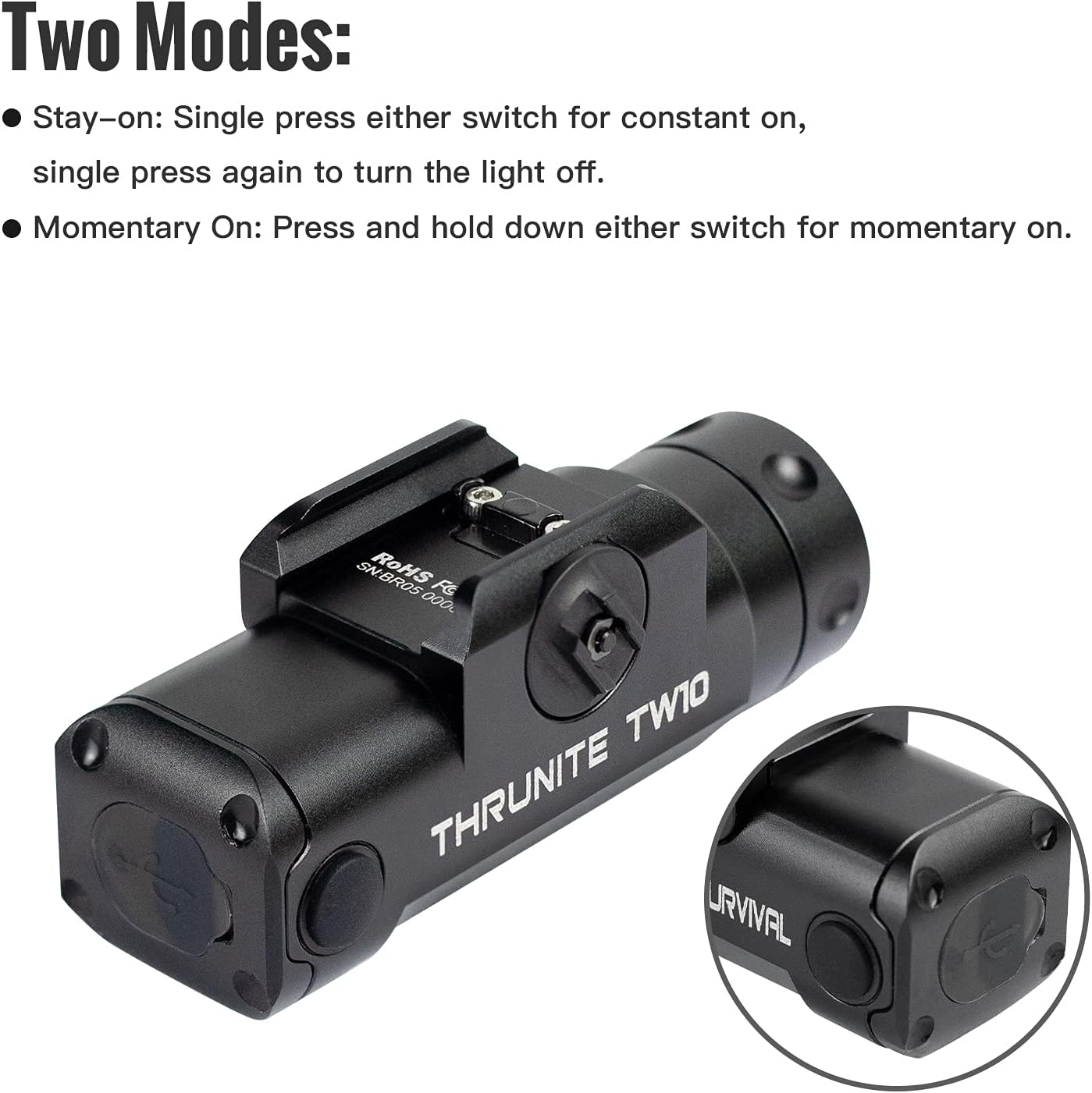 ThruNite TW10 Weaponlight showing two modes of operation: Stay-on and Momentary On