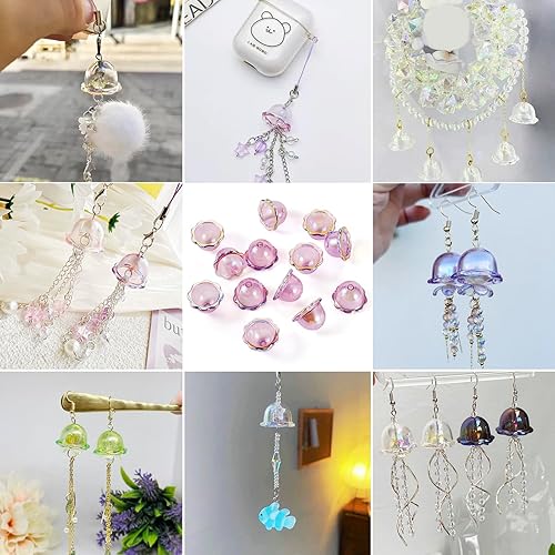 Vista 187 de FASHEWELRY 10 cuentas de cristal hechas a mano, cuentas florales de cristal, cuentas espaciadoras de flores de trompeta transparentes, cuentas