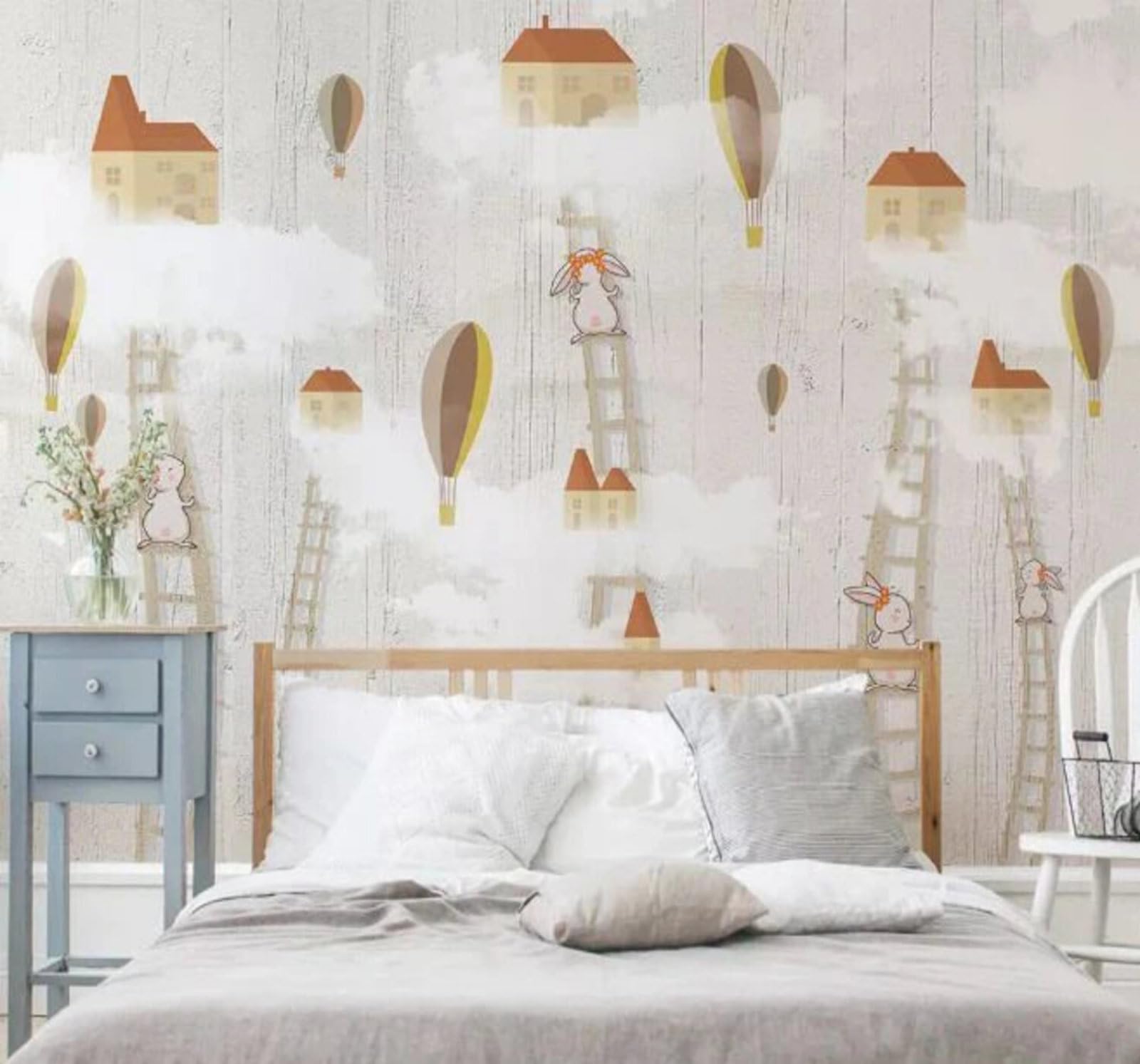 Cartoon House Hot Air Balloon Rabbit Zoom Ladder 3D Wallpaper Easy Install Feature Office Living Room Sofa Bedroom TV Background Wall Decoration-300cm×210cm