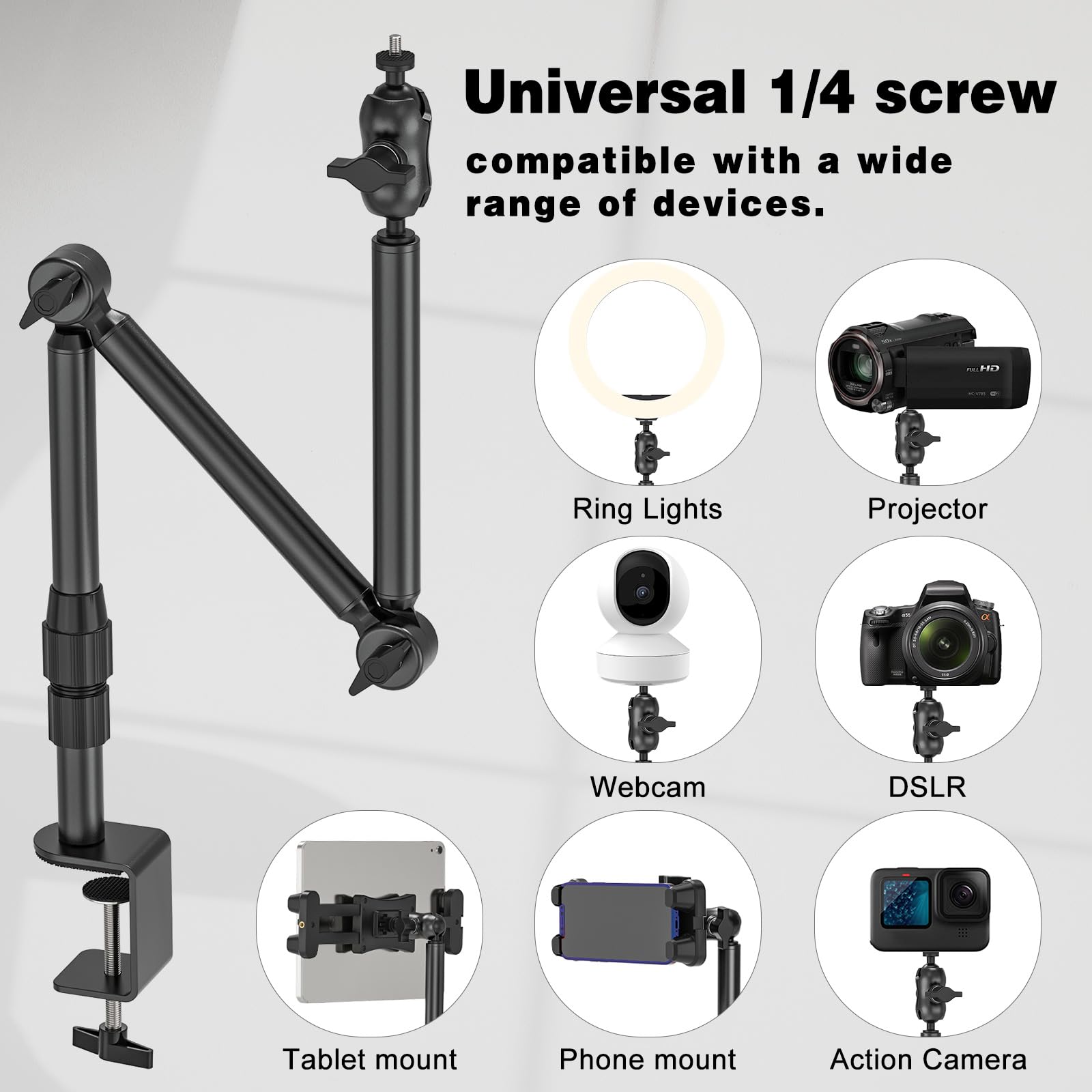Supporto per webcam da 78,5 cm con viti da 1/4", morsetto a C regolabile a 360°, braccio per microfono per DSLR Kameras, Ringlight, proiettore, webcam, microfono
