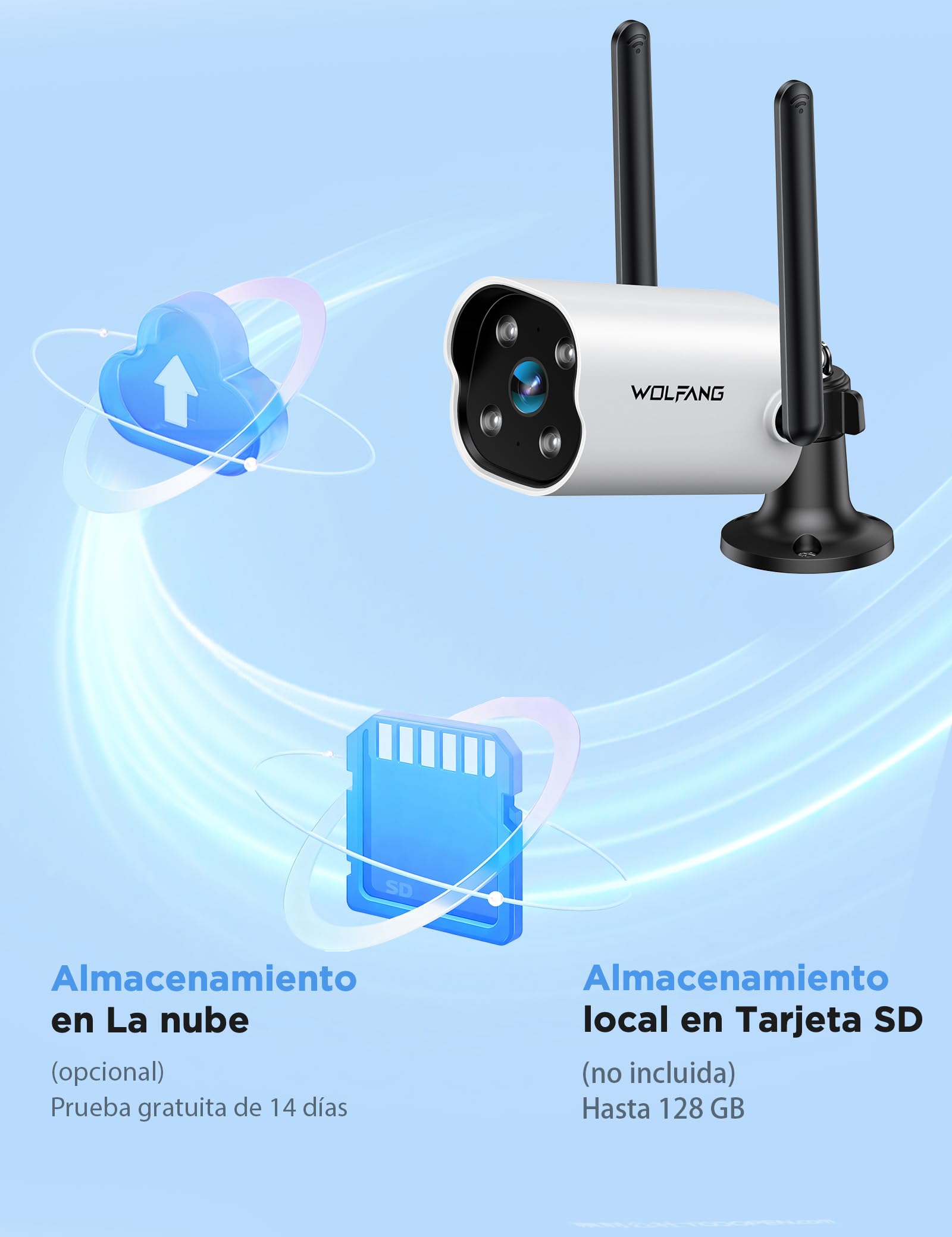 WOLFANG Camara Vigilancia WiFi Exterior, 2K Seguridad Camaras Vigilancia Domicilio WiFi 2,4G con Visión Nocturna Color, Detección de Movimiento, Sirena, Audio Bidireccional, IP65, 2 Pack