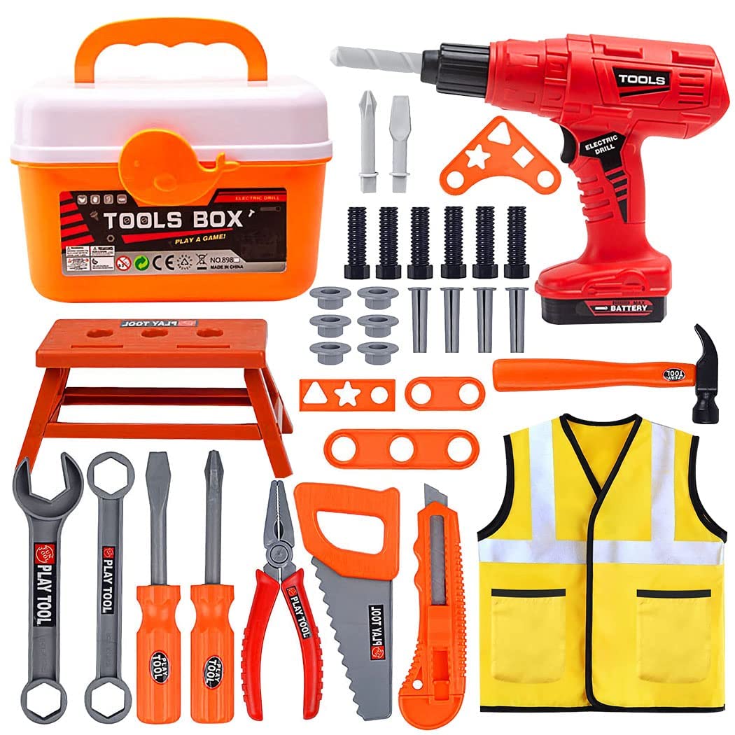 TMOHRA Kids Tool Set Box,38 PCS Durable Pretend Play Tool Toys for Toddler, Kids Electric Power Drill Toys Construction Tool Kit Playset Accessories Gift for Girls Boys Ages 3 4 5 6 7 8 Years Old