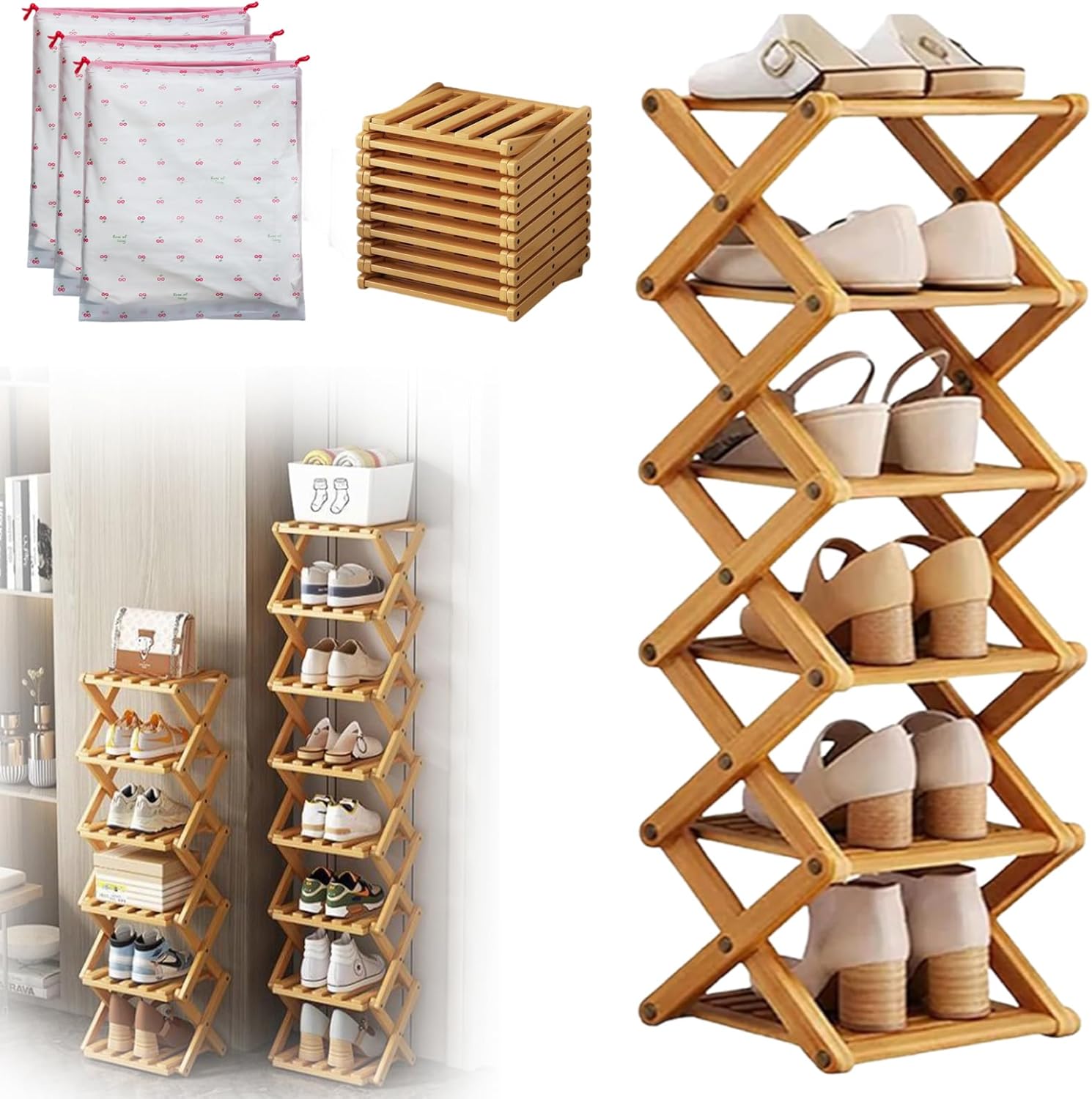 The 9-Tier No-Assembly Bamboo Rack (56in), Instant Setup, Upgrade and Reinforce, Zero Assembly Required, Multifunctional Storage Rack, Space-Saving 9 Tier Bamboo Shoe Rack, Built to Last (Nature, 6)
