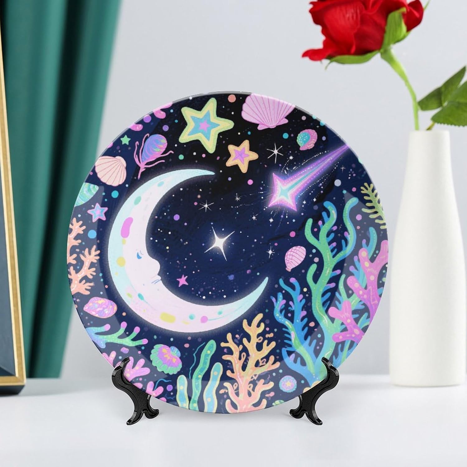 Star Ocean Pattern Ceramic Plate 10inch Decorative Bone China Wall Hanging Ornament Plates Bohemian Style Dinner Plate with Display Stand Cabinet Display Plates for Home Art Decor