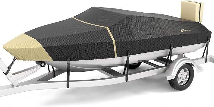 900D Boat Cover, Heavy Duty Waterproof Bass Boat Covers with Motor Cover Fits V-Hull/Tri-Hull/Fish/Ski/Runabout Boat,Fade-Proof Trailerable Boat Cover Fit 17-19 L 96" Width Black/Beige
