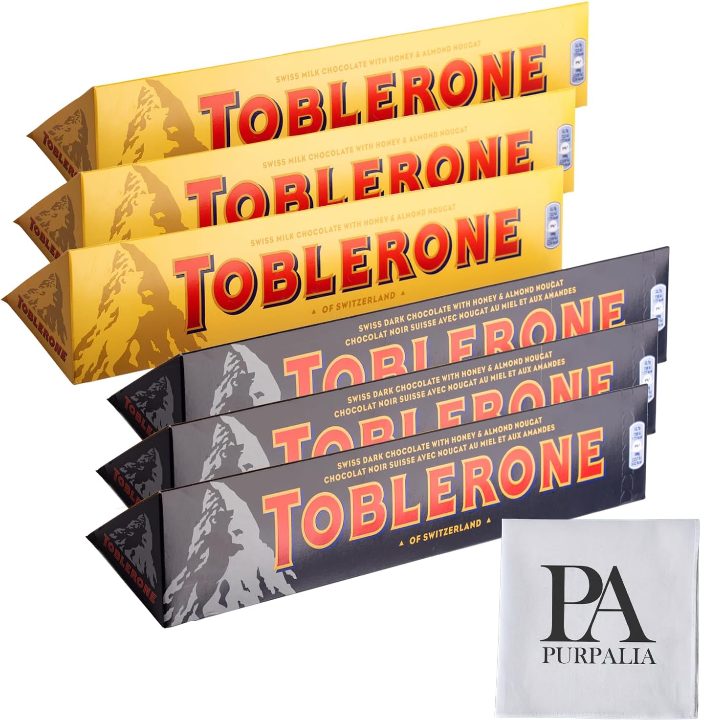 Toblerone Chocolate Variety Pack - 3.52 oz 2-Pack: Classic Swiss Chocolate Bars Assortment Dark and Milk Chocolate Bars(Purpalia Packaging) (6 pack, Variety)