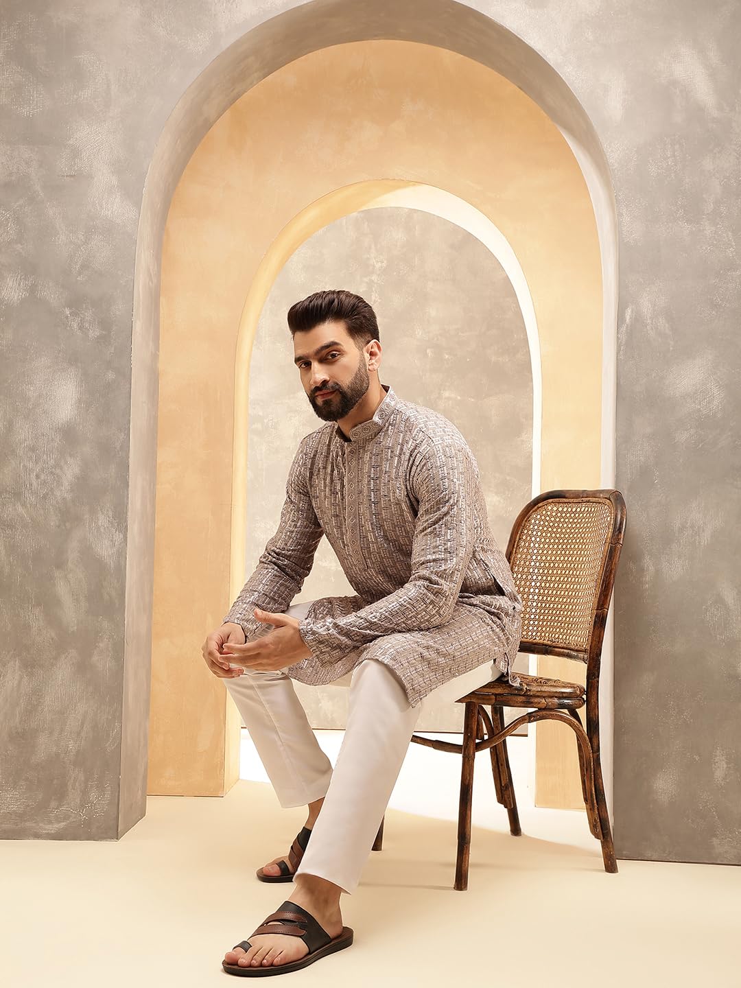 Sojanya (Since 1958 Men's Cotton Rayon Shiny Thread Sequinned Brown Kurta With White Pyjama