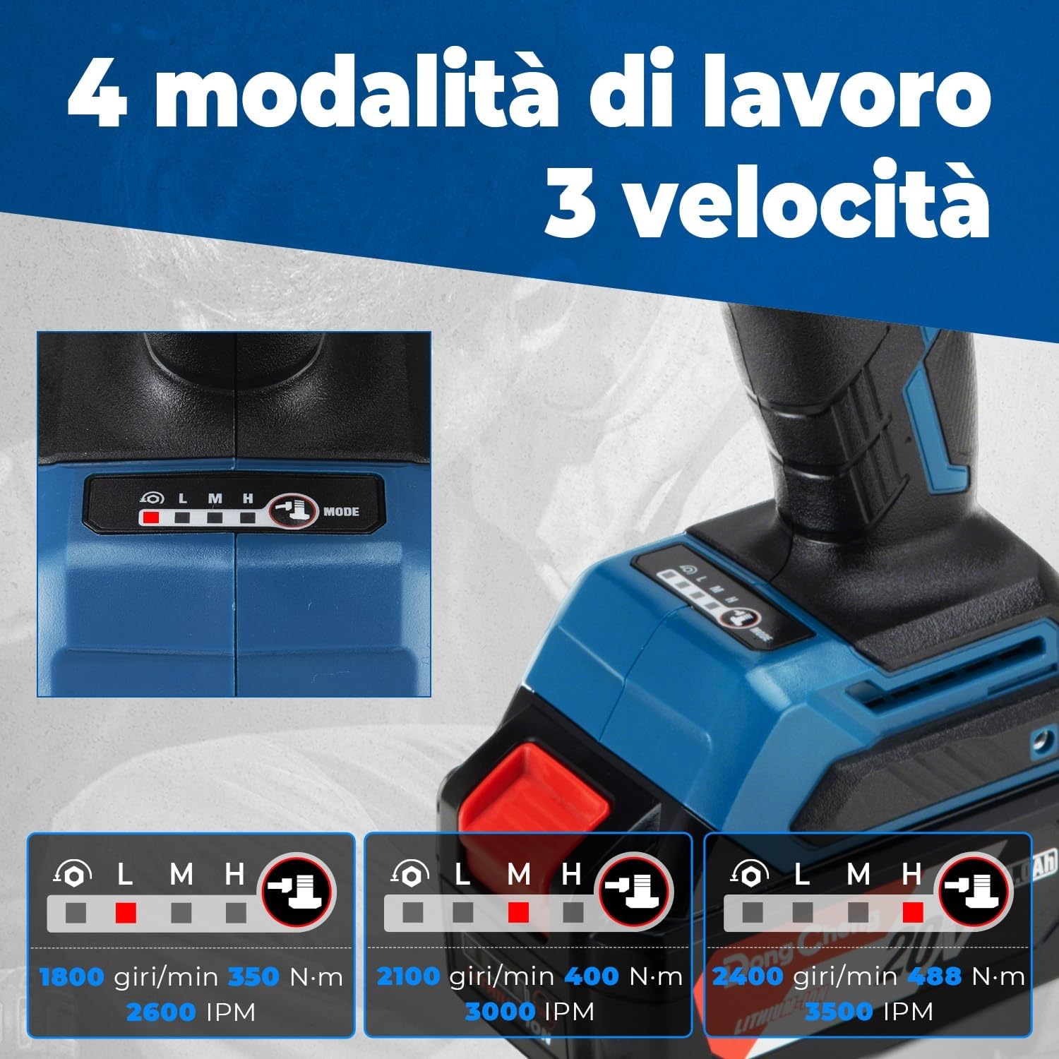Dong Cheng Avvitatore a impulsi a batteria 20V con batteria da 4,0 Ah, motore brushless, attacco 1/2", cambio a 3 velocità, Per uso automobilistico e fai da te