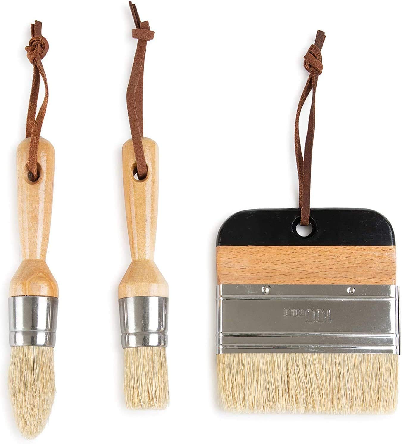 3 Pack Chalk and Wax Paint Brushes Bristle Stencil Brushes for Wood Furniture Home Decor, Including Flat Pointed and Round Chalked Paint Brushes