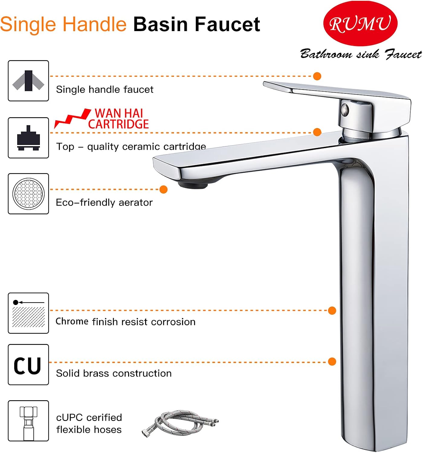 VOTON Chrome Vessel Sink Faucet Tall Single Handle Bathroom Vanity Sink Faucet, Rv Bathroom Faucets Lavatory Vessel Faucet Basin Mixer Tap, Solid Brass 1.2 GPM