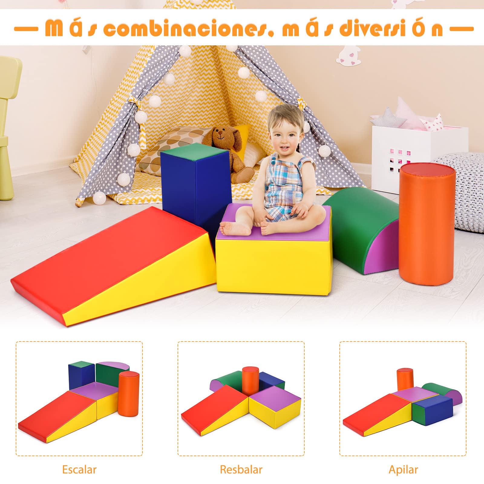GOPLUS Juego de 5 Piezas Bloques de Espuma Grandes para Bebé, Conjunto de Juguetes Construcción de PP y EPE, Jueguetes Multicolores Educativos para Bebé de 6 Meses a 3 Años