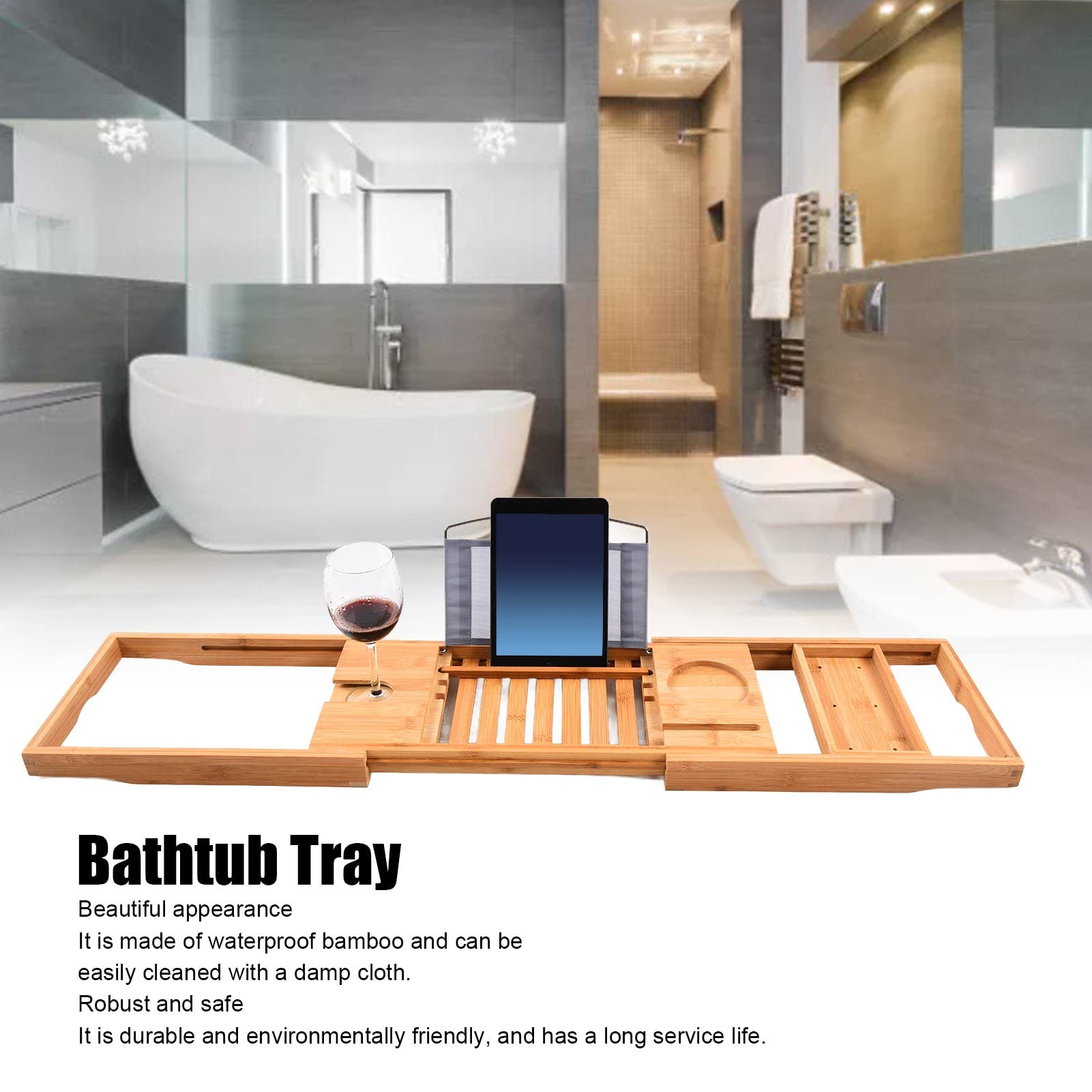 Cocoarm Bandeja de Baño, Bandeja de bambú para Bañera, Soporte de Baño Retráctil de 69,5x22,5 Cm con Soporte para Libros y Tabletas, Ranura para Copa de Vino para Uso en el Hogar, Hotel, SPA