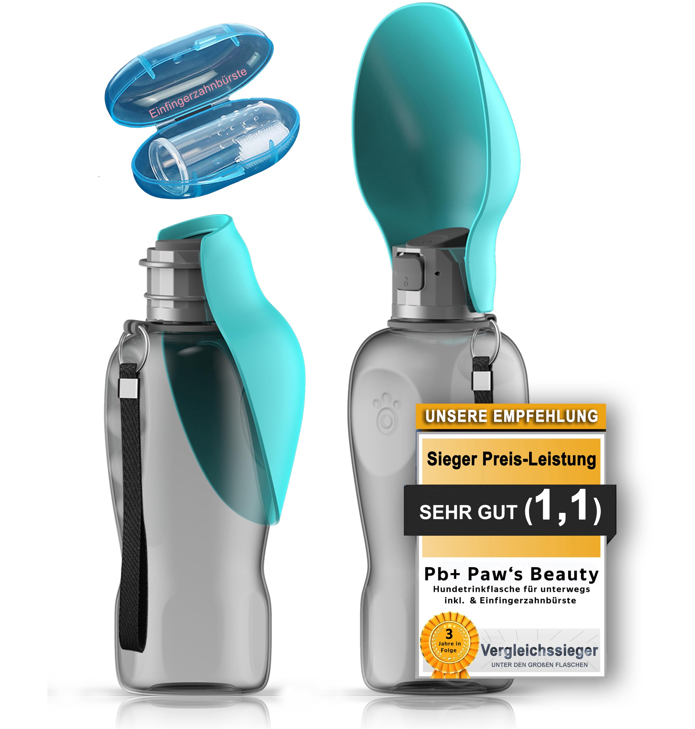 TOP EMPFEHLUNG | 2er GESCHENKESET | Extragroße Faltbare 800ml Hundetrinkflasche für unterwegs inkl. Zahnbürste | Premium Trinkflasche Hund | Trinkflasche Hunde für unterwegs | 100% Auslaufsicher