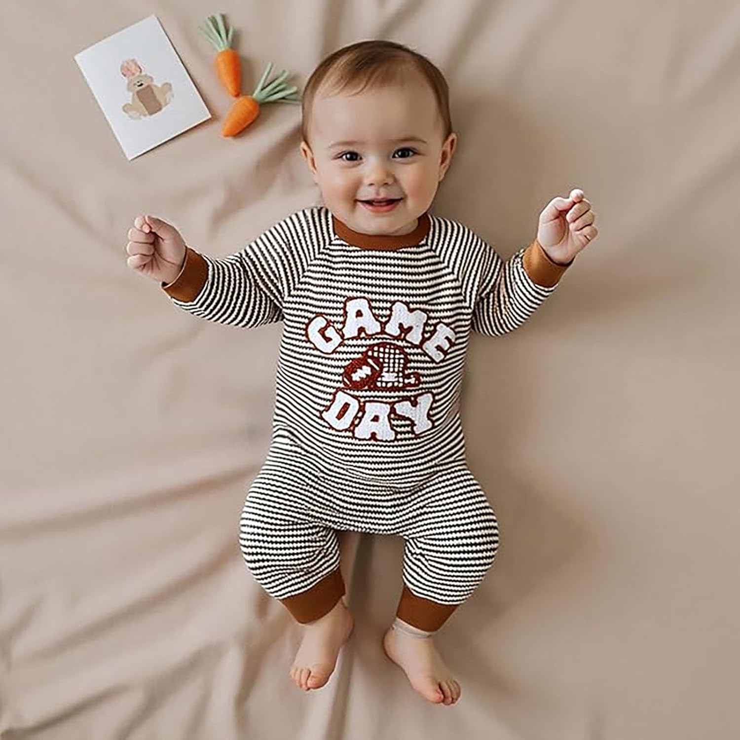 Newborn Baby Girl Boy Romper Waffle Game Day Embroidery Long Sleeve Stripe Bodysuit Infant Fall Winter Clothes - Image 2