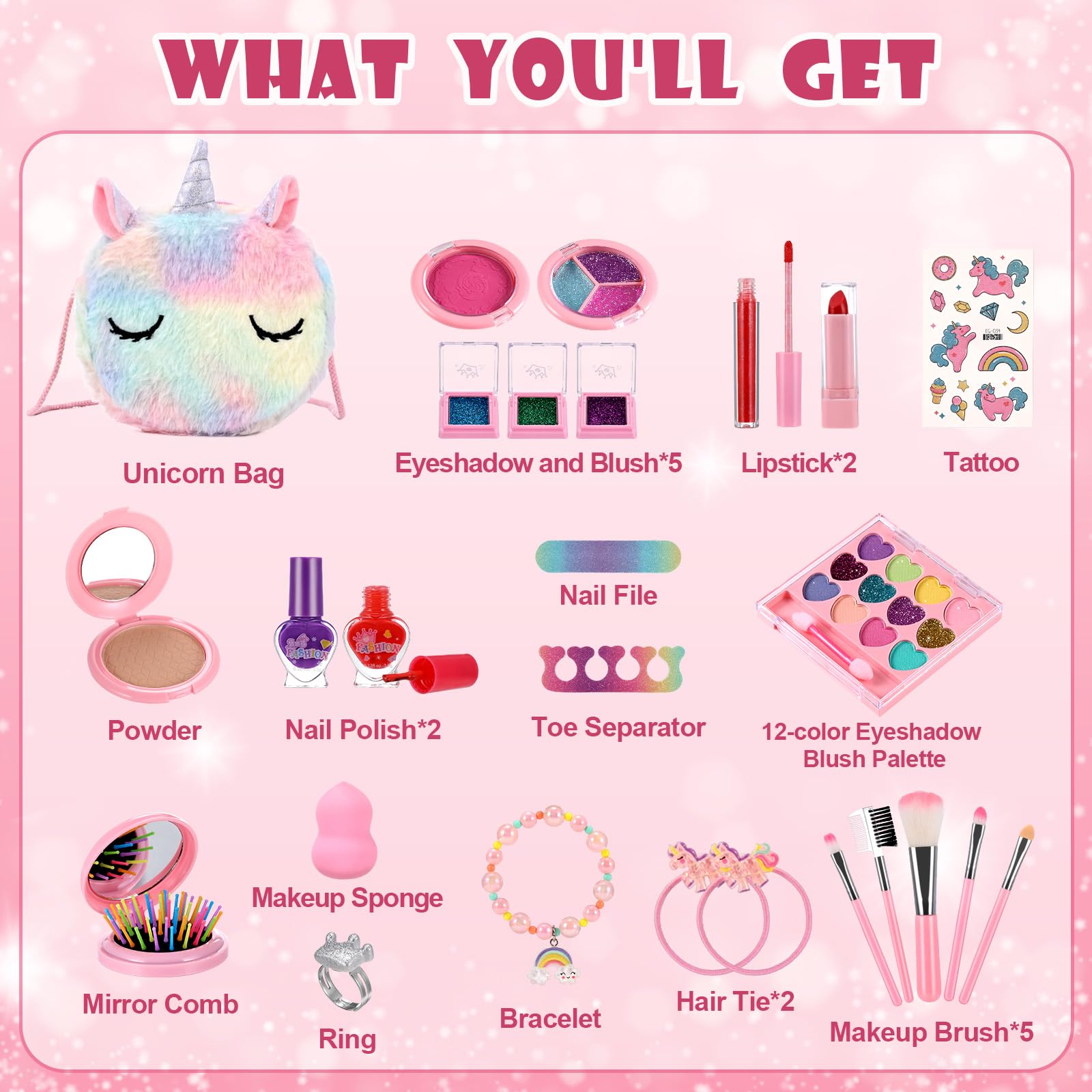Maquillaje para Niñas, Anpro Kit de Maquillaje Niñas, Juego de Maquillaje para Niños Maquillaje Lavable y Seguro para Niñas, Juguete de Maquillajepara cumpleaños 3 4 5 6 7 8 9 10 Años